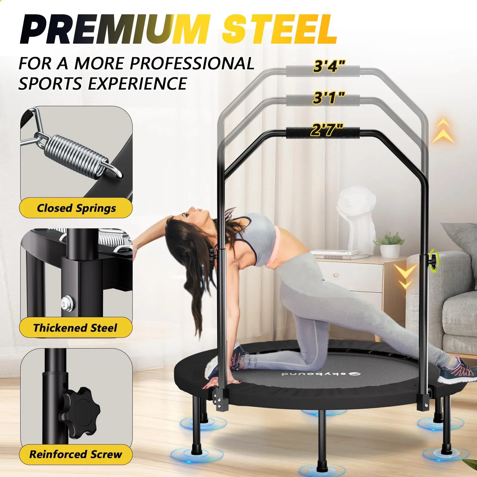Adjustable Foldable Rebounder Trampoline With Handle For Adult Cardio Fitness