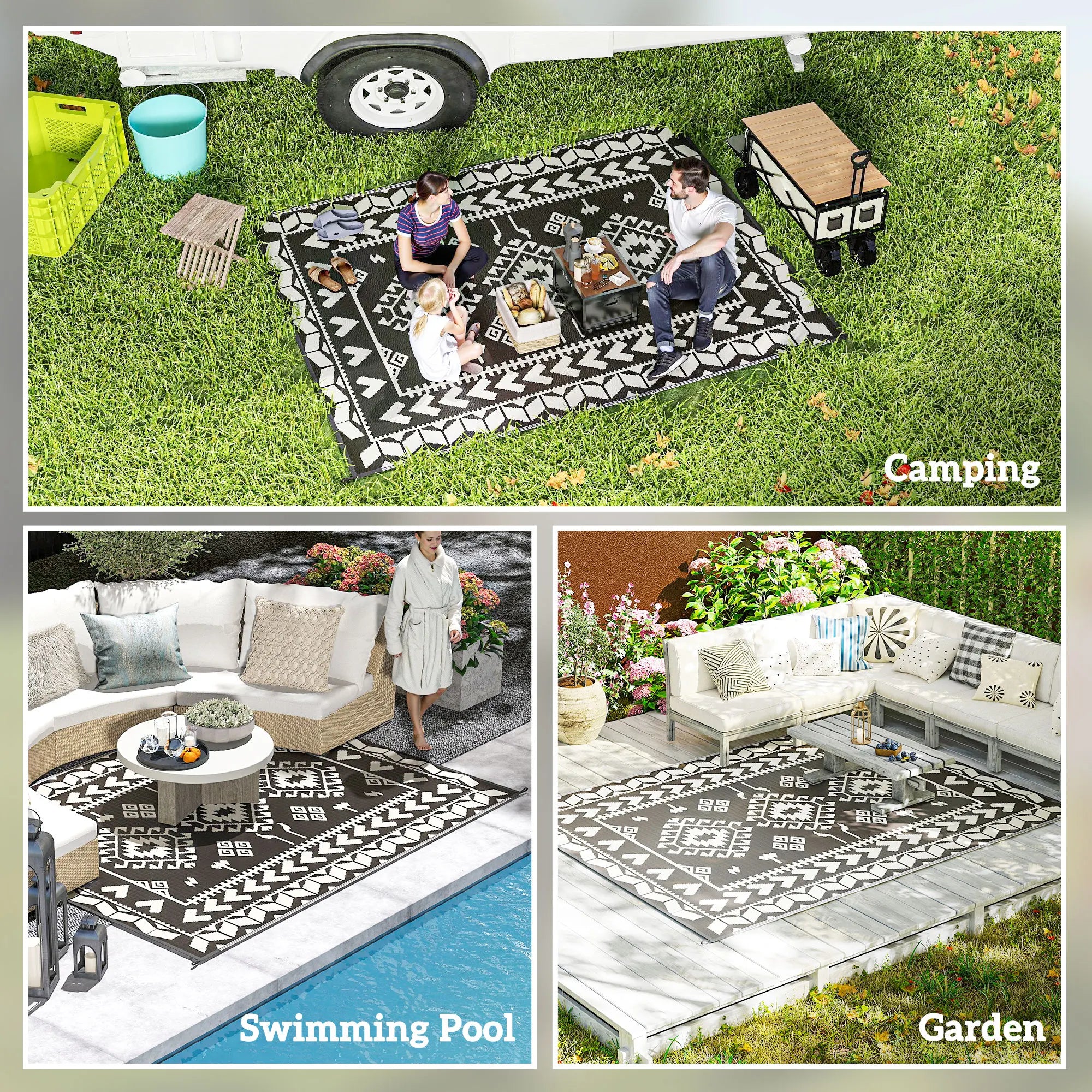 Black And White Rhombus Patchwork Outdoor Rug