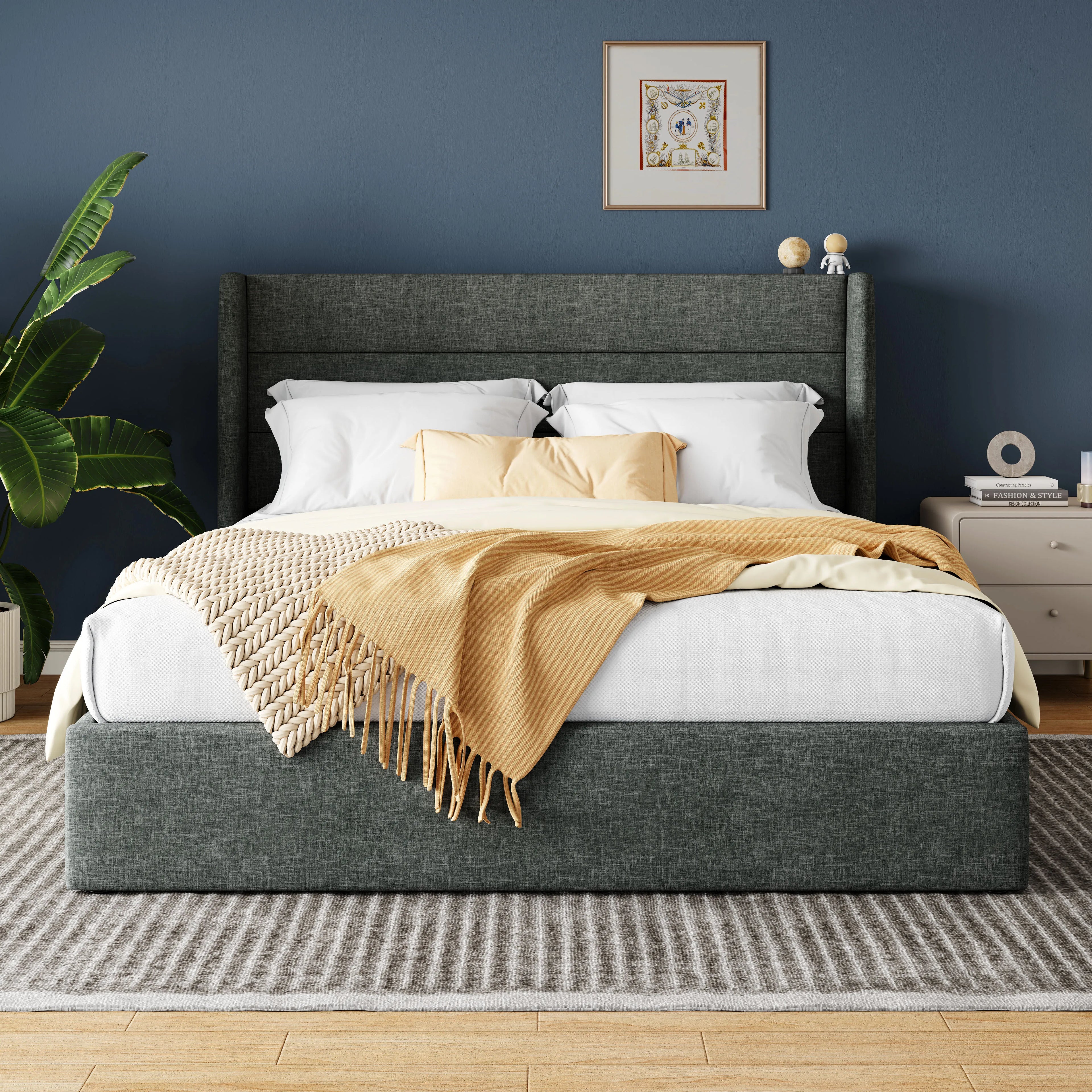 HOOMIC Lift Up Storage Bed With Wingback Headboard And Large Underbed Storage