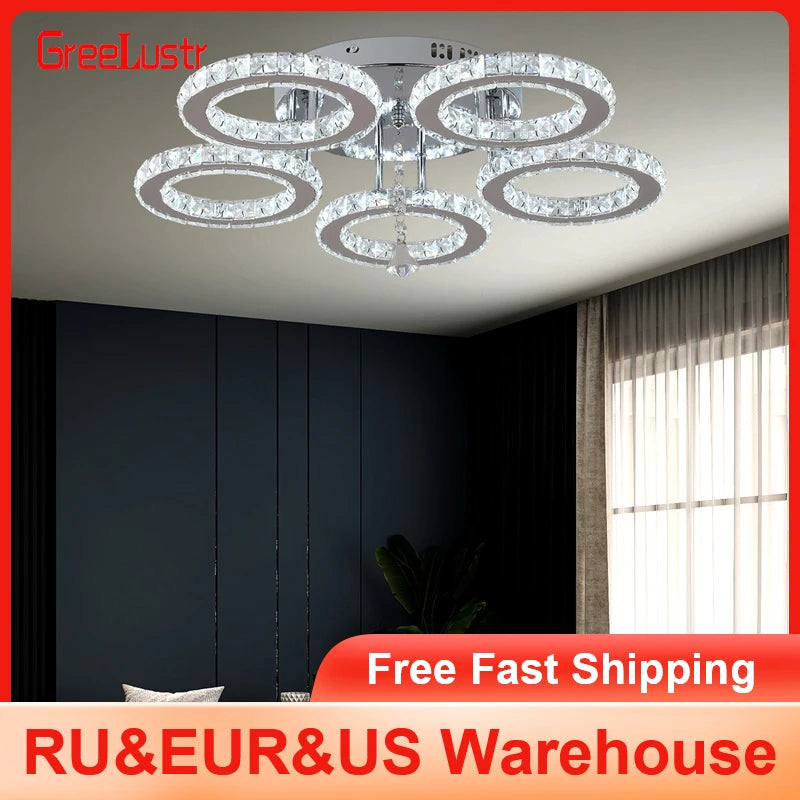 GreeLustr Crystal Led Rings Chandeliers Mirror Stainless Steel Ceiling Fixtures