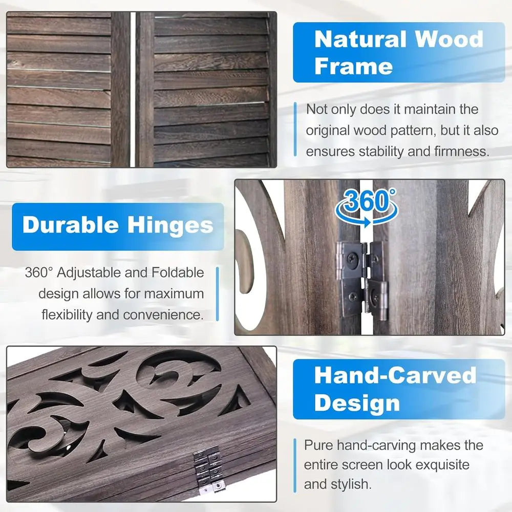 Wood Carved Room Divider Folding Privacy Screen