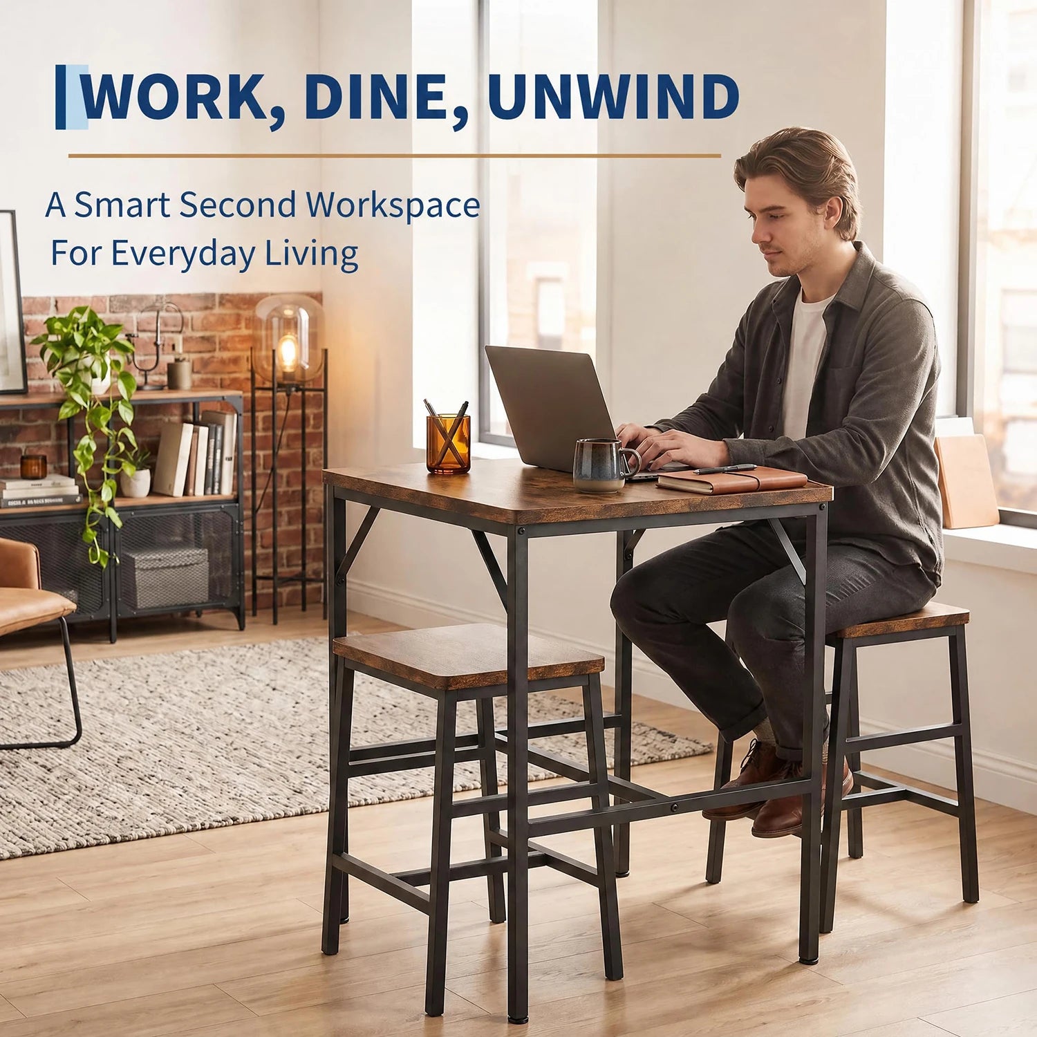 HiMISS Modern Pub Height Dining Table Set With Two Stools
