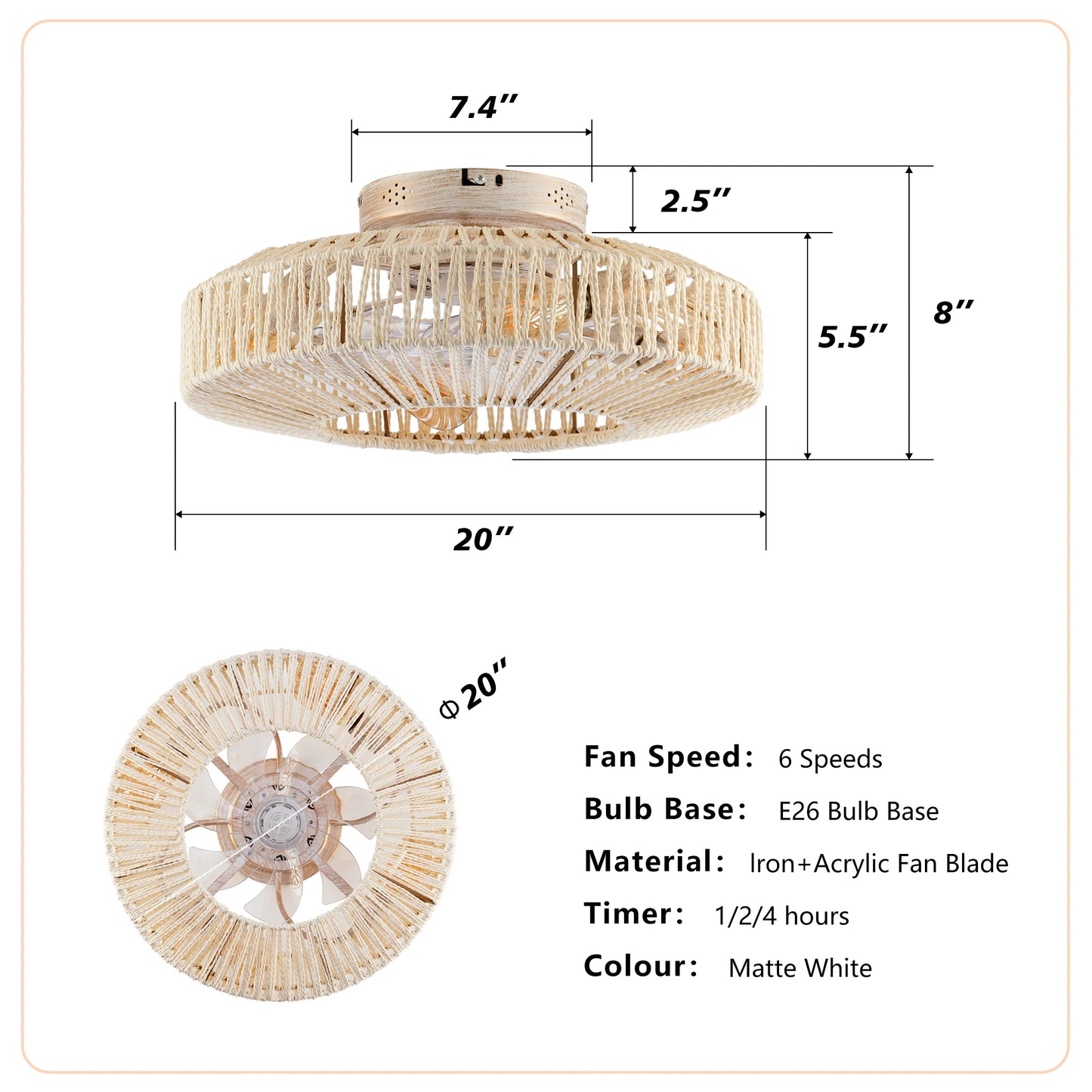 Linen Rope Cage Flush Mount Ceiling Fan With Lights