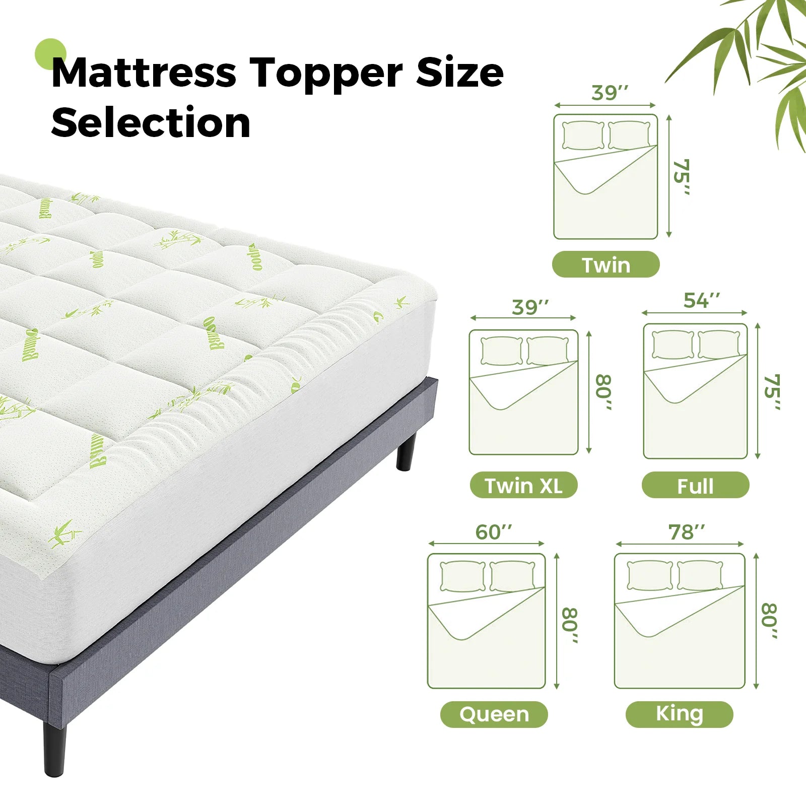 JHK Bamboo Fiber Mattress Topper With Deep Pockets Back Relief