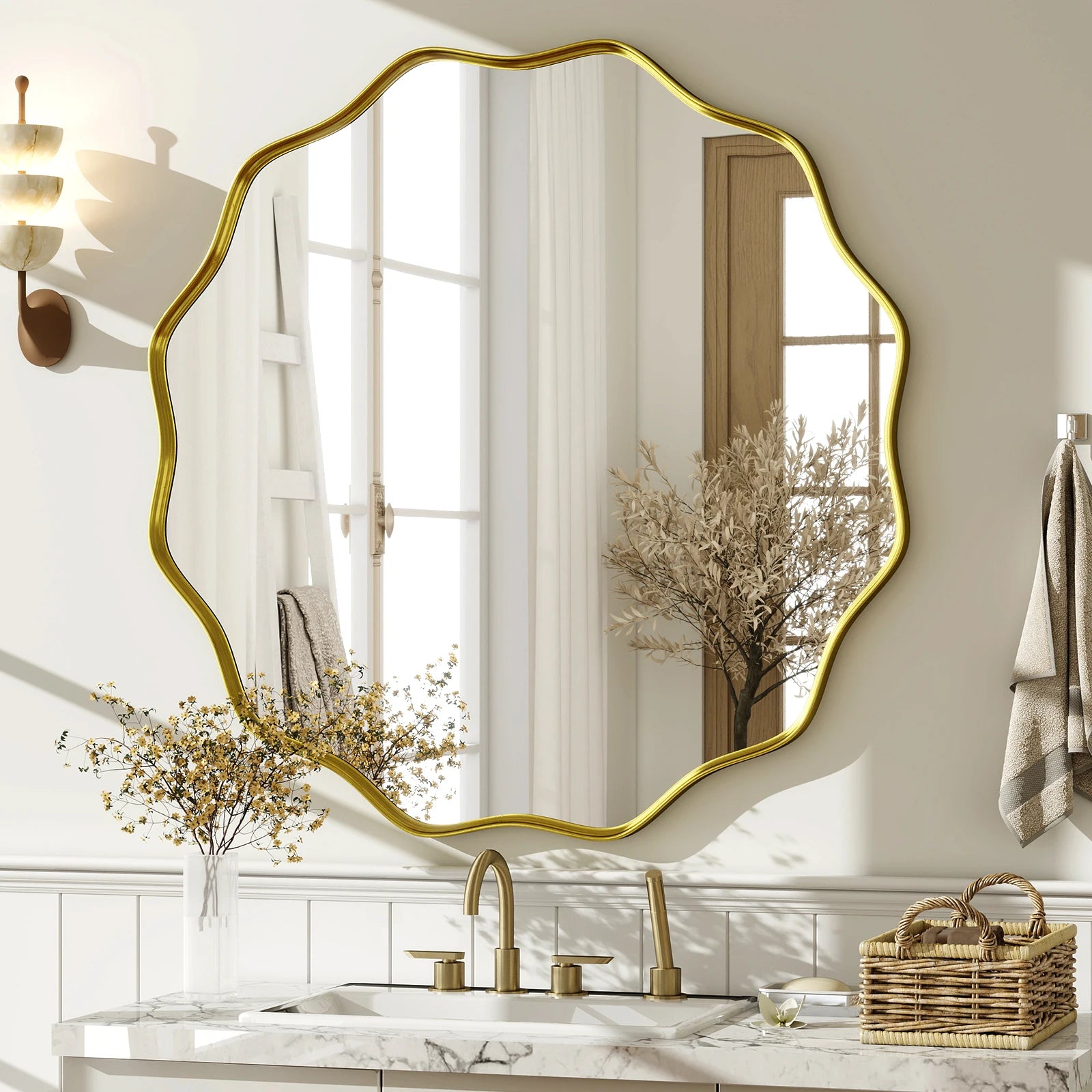 BEAUTYPEAK Wavy Round Decorative Bathroom Mirror With Deep Frame