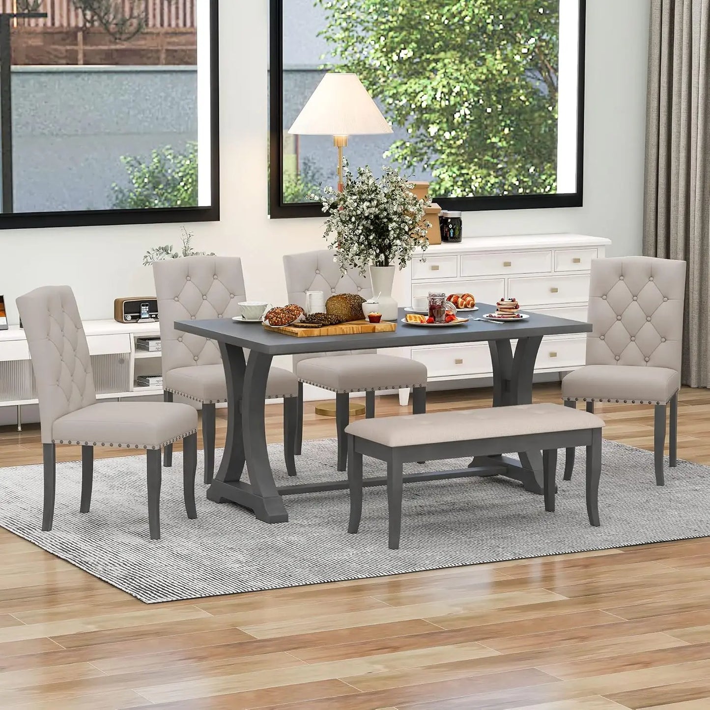 Country Rustic Dining Set With Rectangular Table And Upholstered Chairs