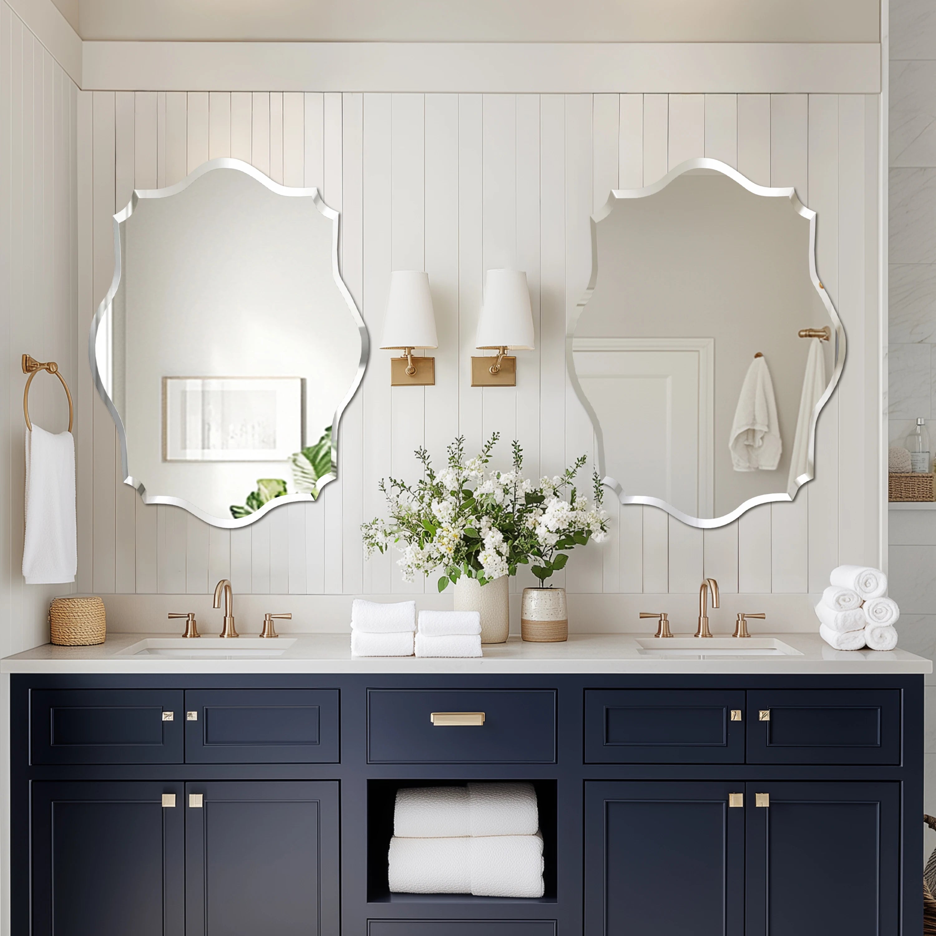 Wisfor Scalloped Frameless Beveled Glass Wall Mirror Modern Bathroom Decor
