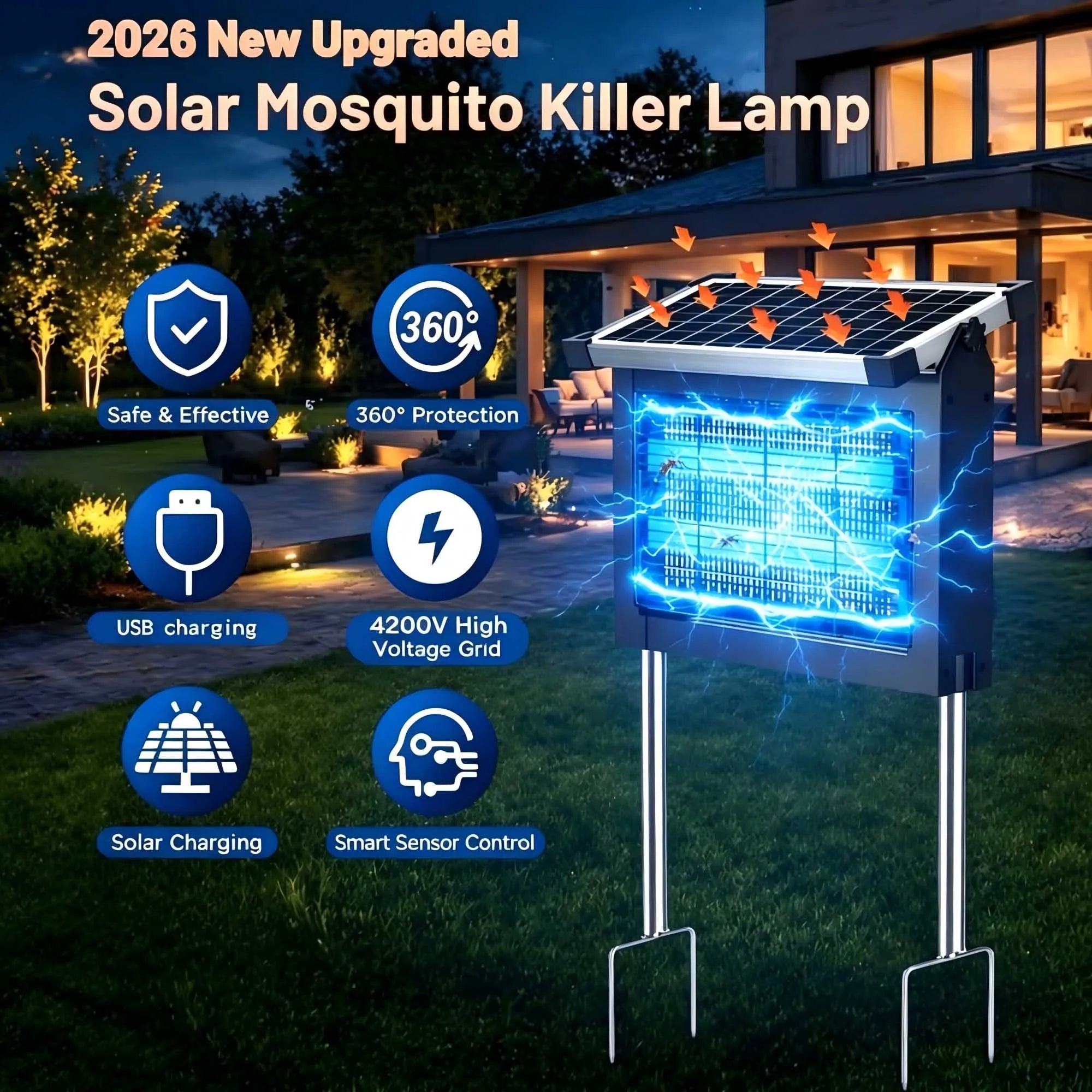 Waterproof Solar Electric Bug Zapper With Outdoor Light Sensor