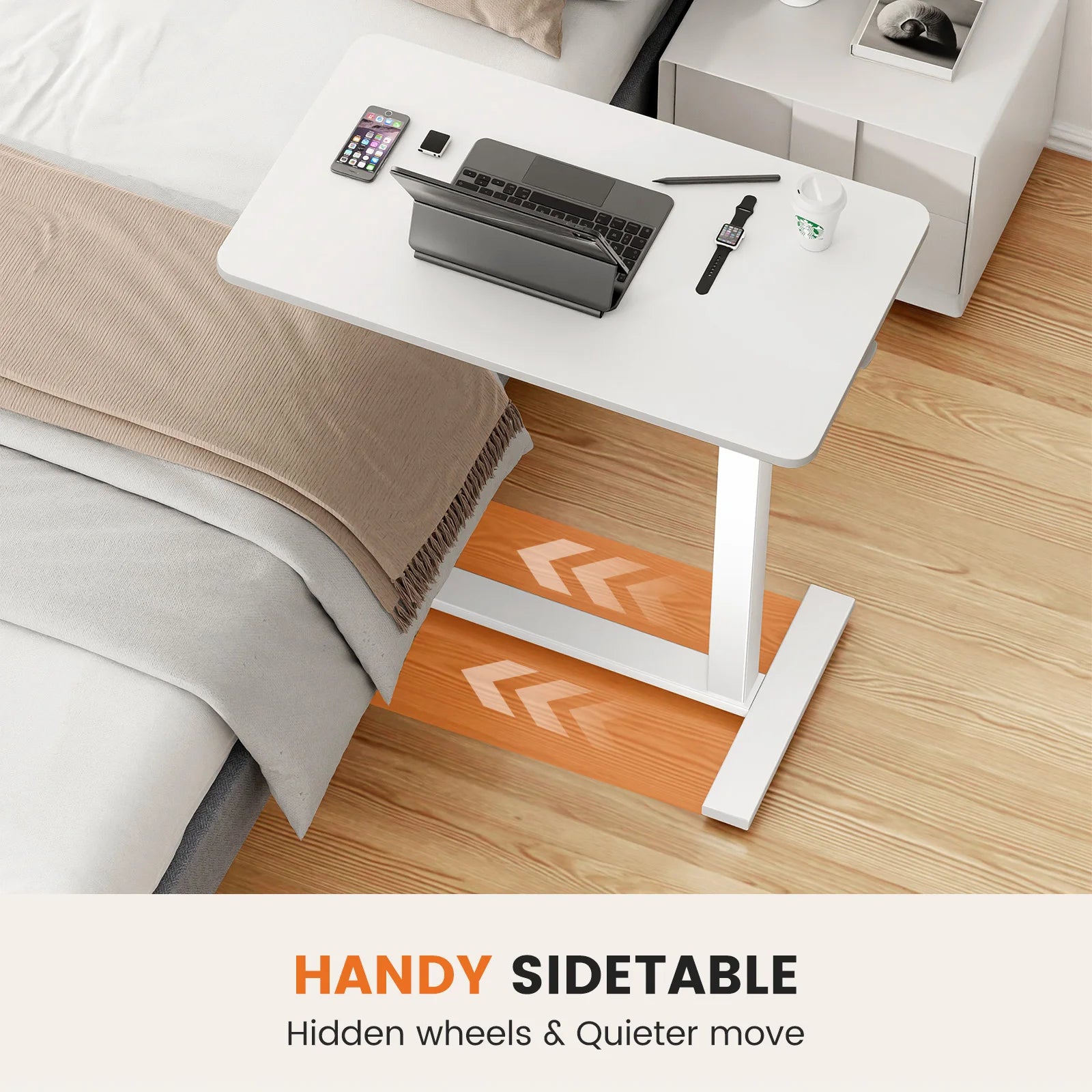JHK Overbed Bedside Table With Hidden Wheels And Adjustable Height