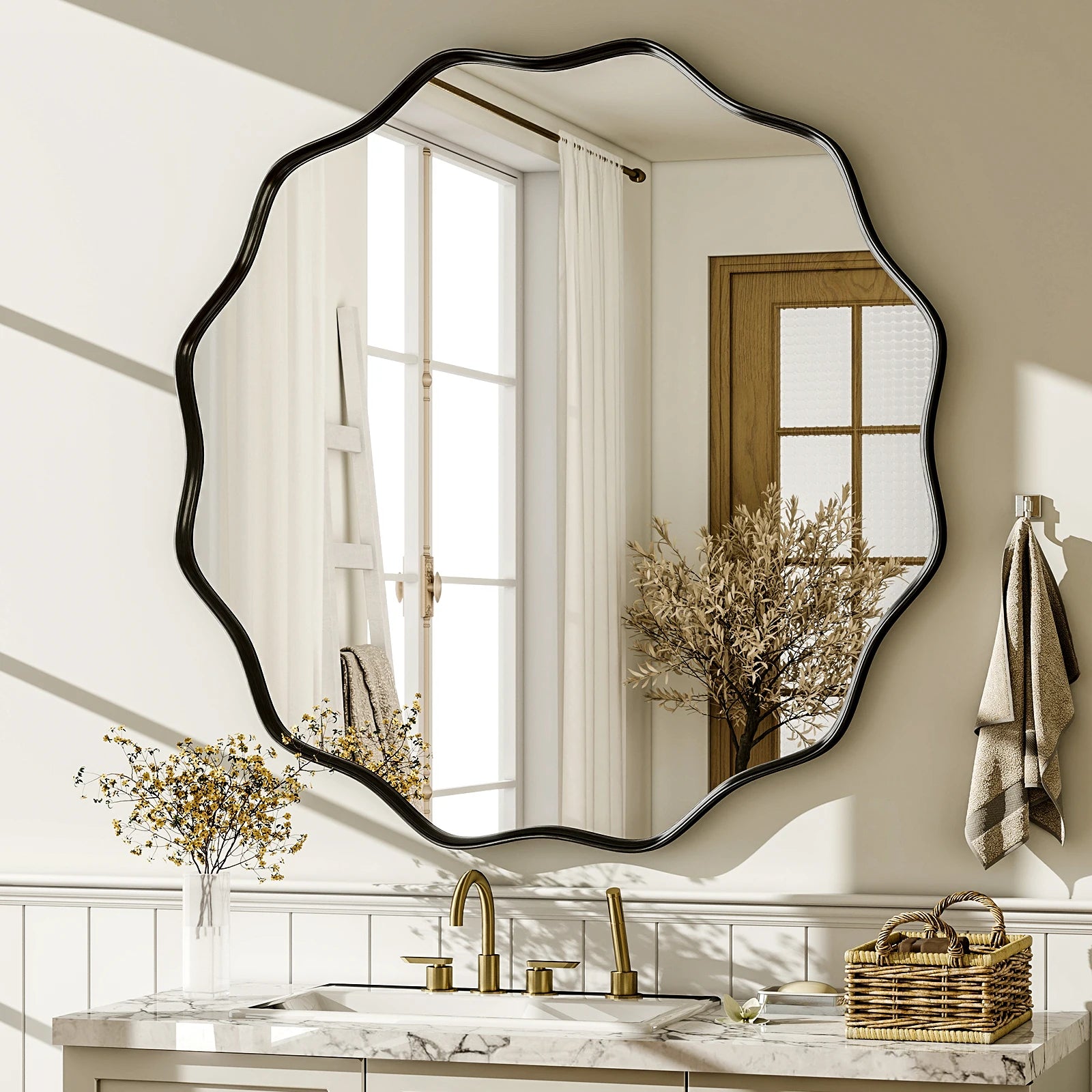 BEAUTYPEAK Wavy Round Decorative Bathroom Mirror With Deep Frame