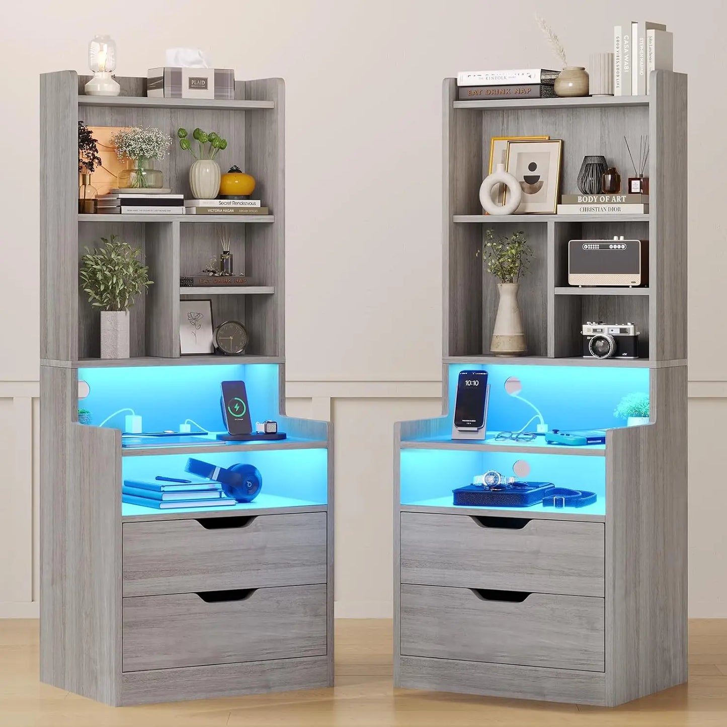 GUANGBAI Set of 2 Side Charging Nightstands With LED Lights