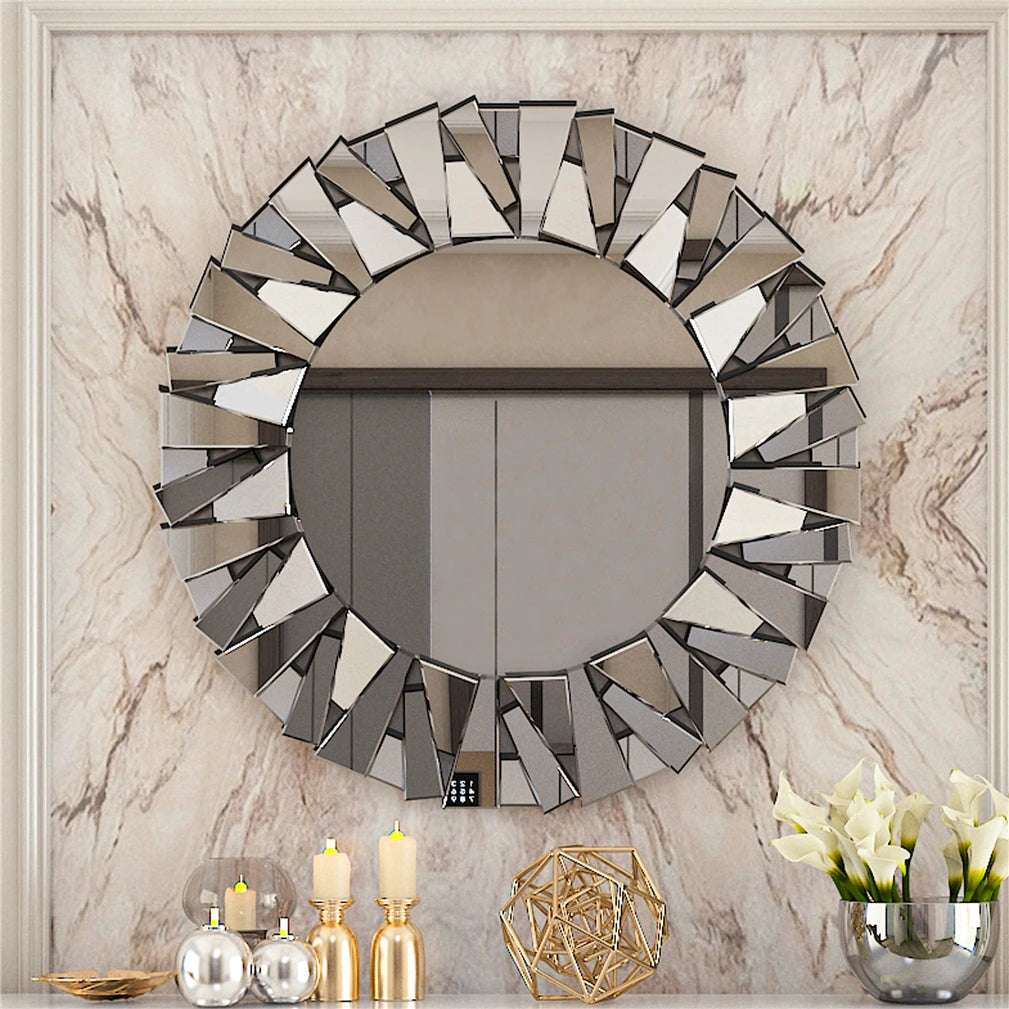 Sunburst Round Wall Mirror With Beveled Glass For Bathroom Decor
