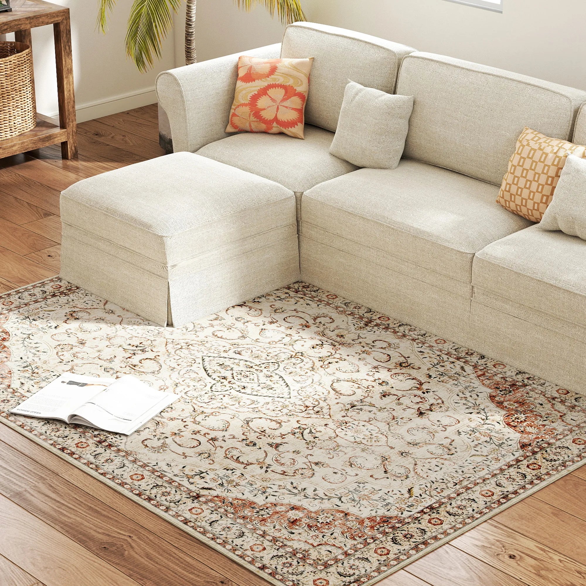 Machine Washable Vintage Oriental Medallion Polyester Area Rug