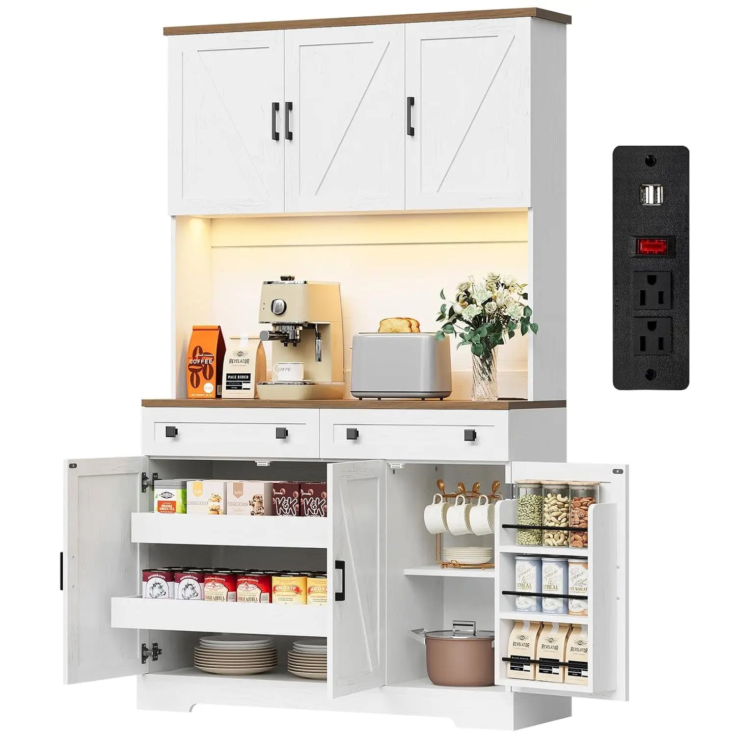 GUANGBAI Kitchen Pantry Cabinet With Charging Station And LED Lights