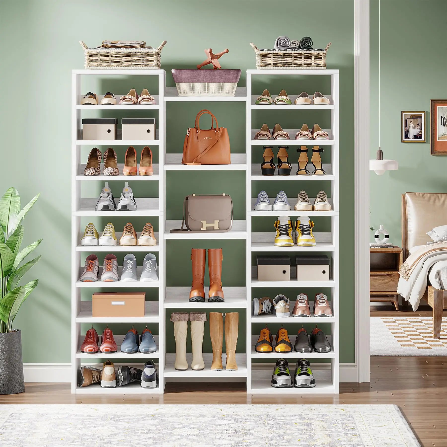14-Tier Freestanding Shoe Rack Tall Wood Shoe Storage Cabinet