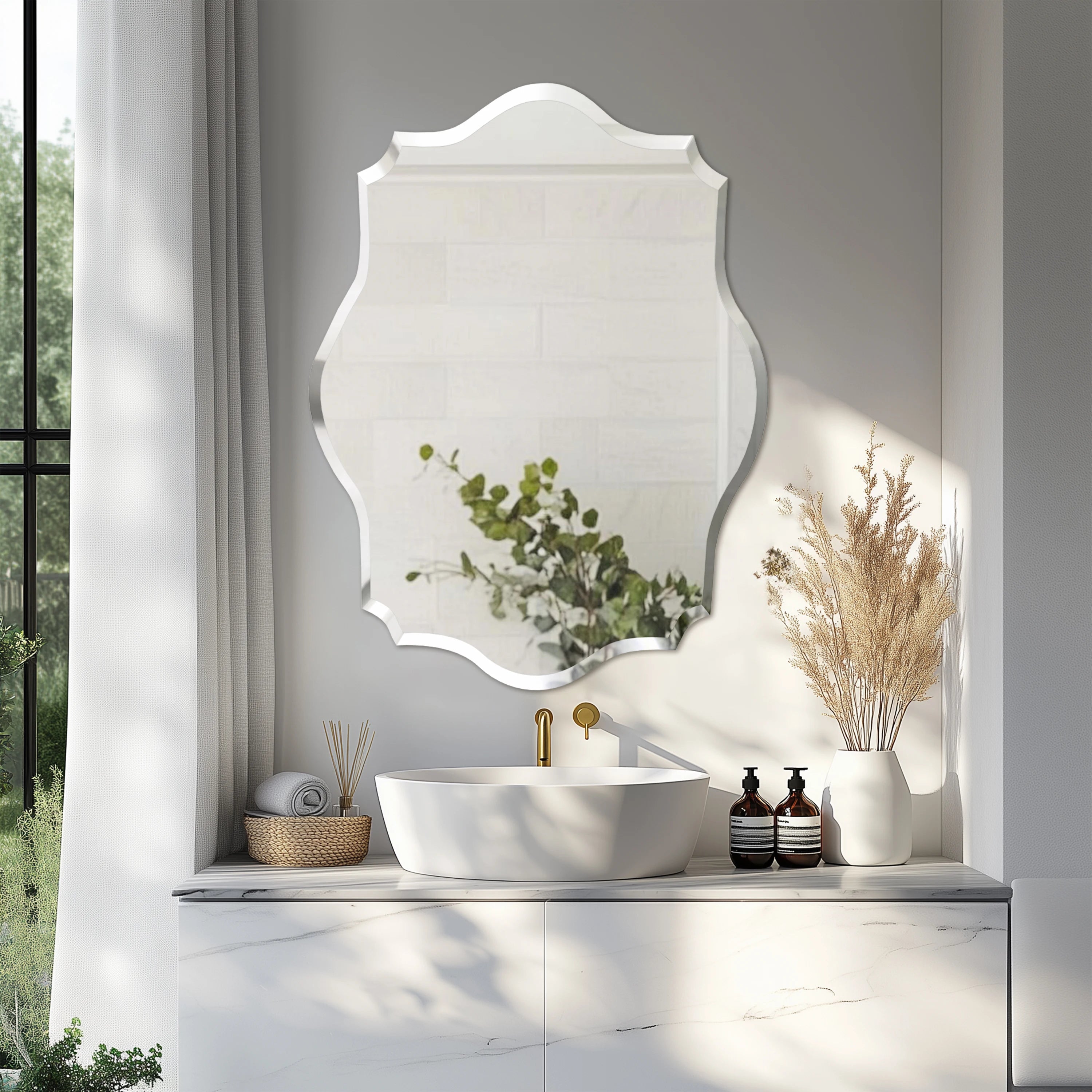 Wisfor Wall Mirror Scalloped Frameless Beveled Edge Polished For Bathroom