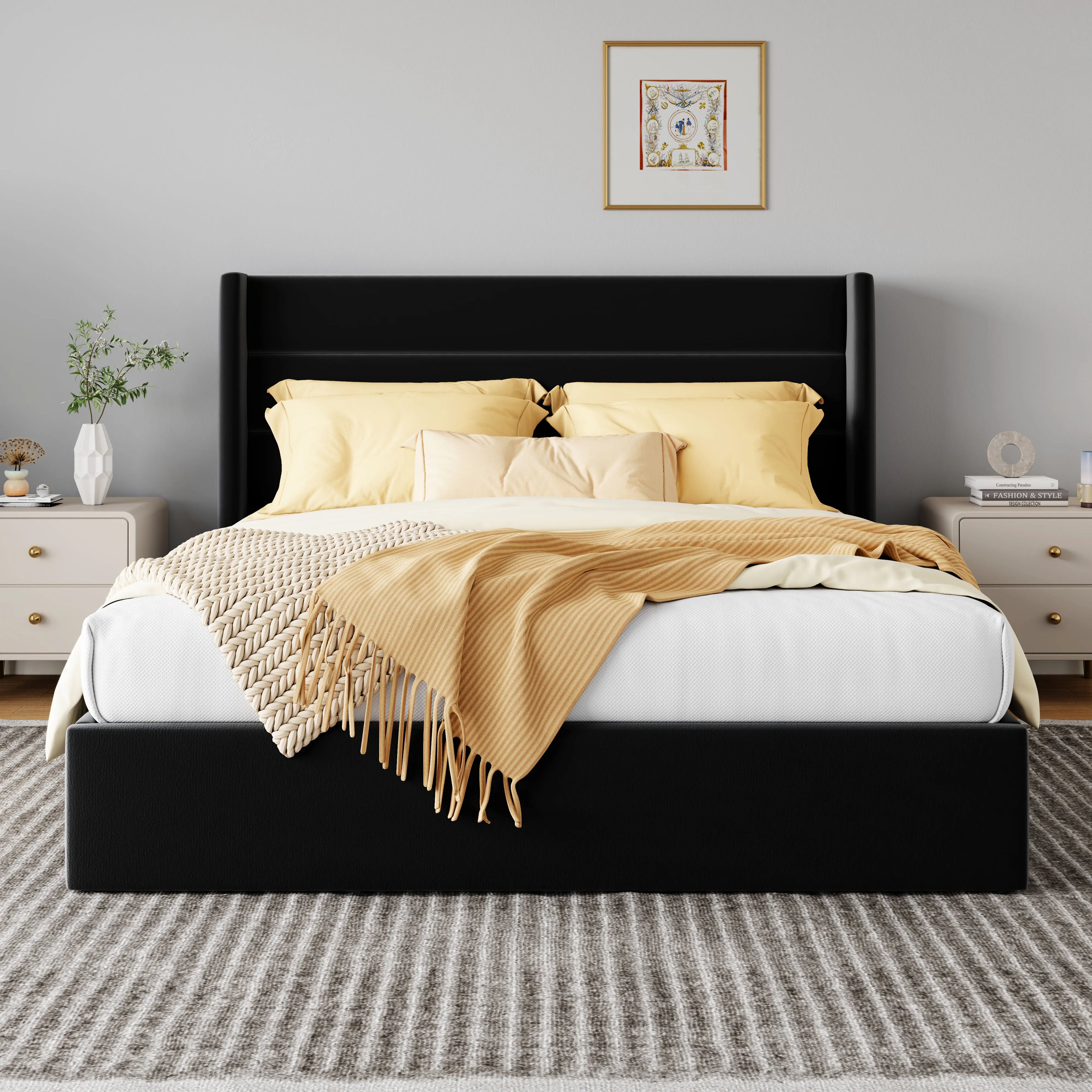 HOOMIC Lift Up Storage Bed With Wingback Headboard And Large Underbed Storage