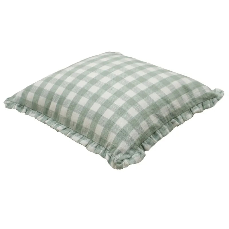 Woven Gingham With Ruffle Decorative Pillow Polyester Cotton Filling