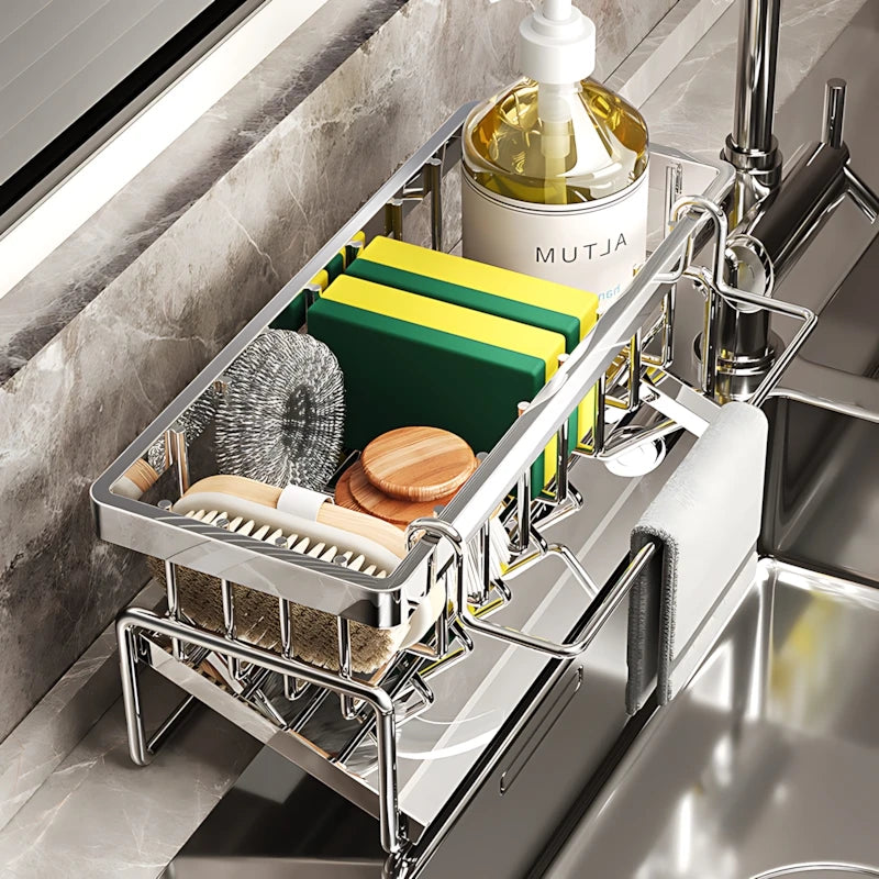 Kitchen Shelf Cleaning Cloth Storage Stainless Steel Dish Rack for Kitchen Counter, Extendable Dish Drainers with Cutlery