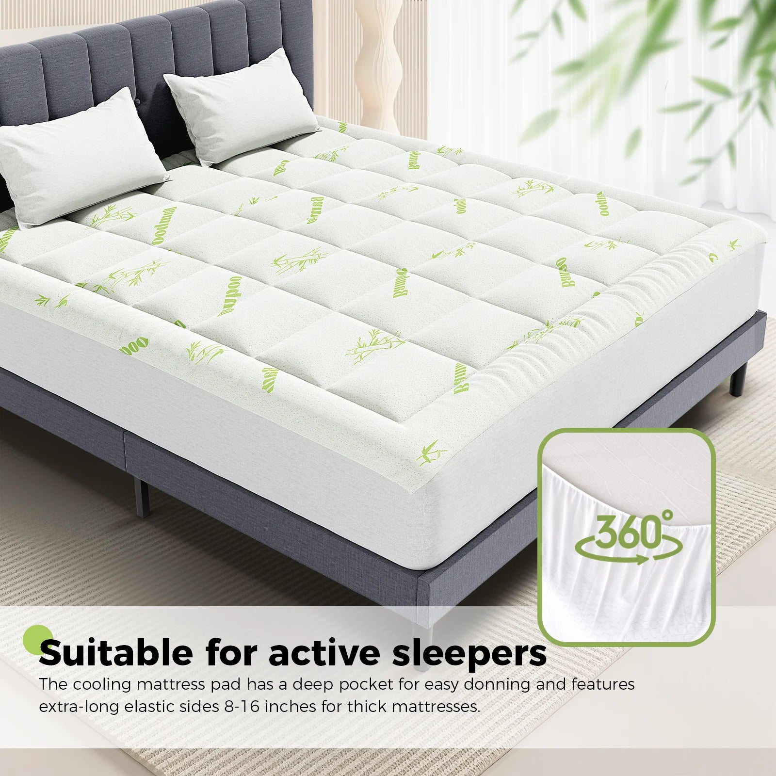 JHK Bamboo Fiber Mattress Topper With Deep Pockets Back Relief
