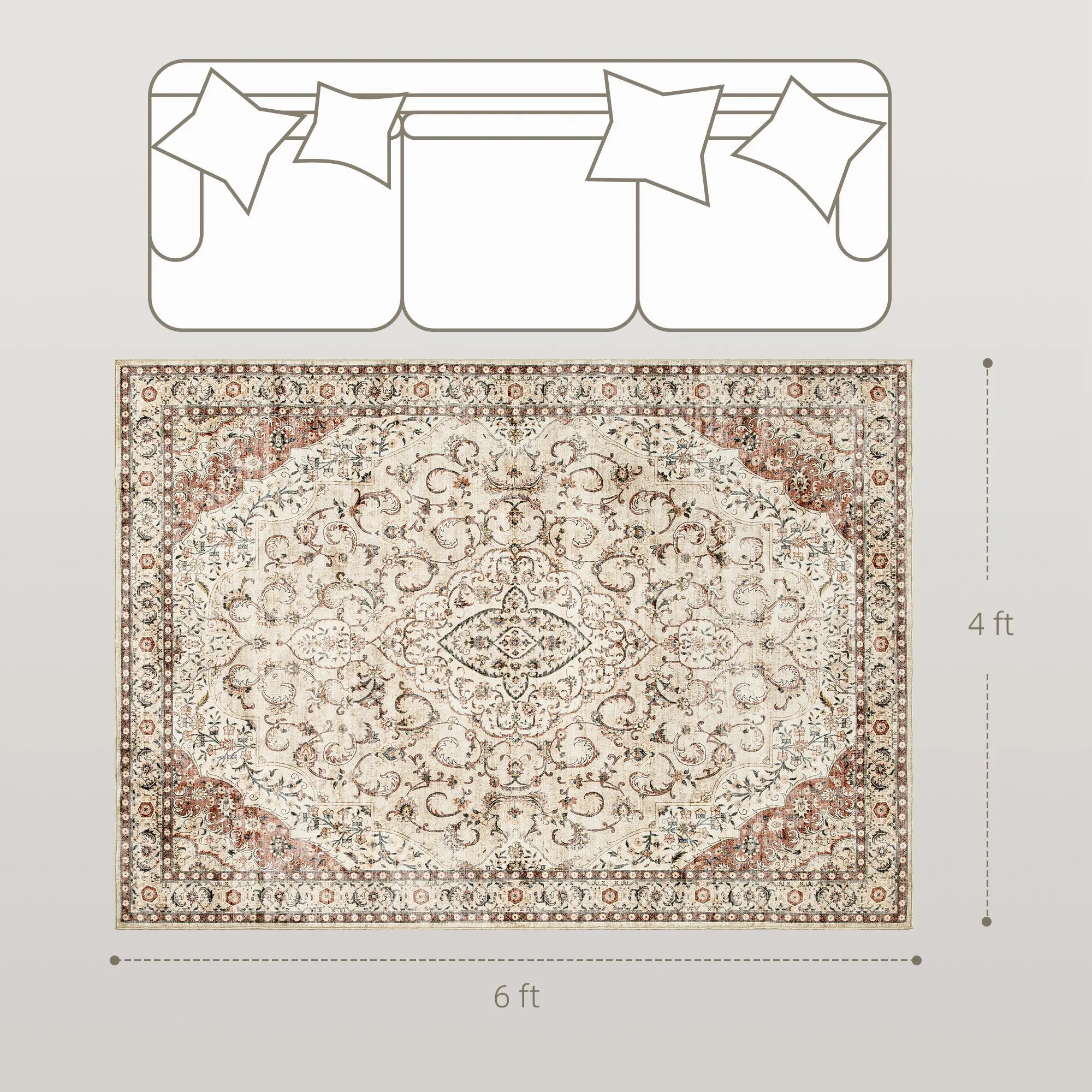 Machine Washable Vintage Oriental Medallion Polyester Area Rug