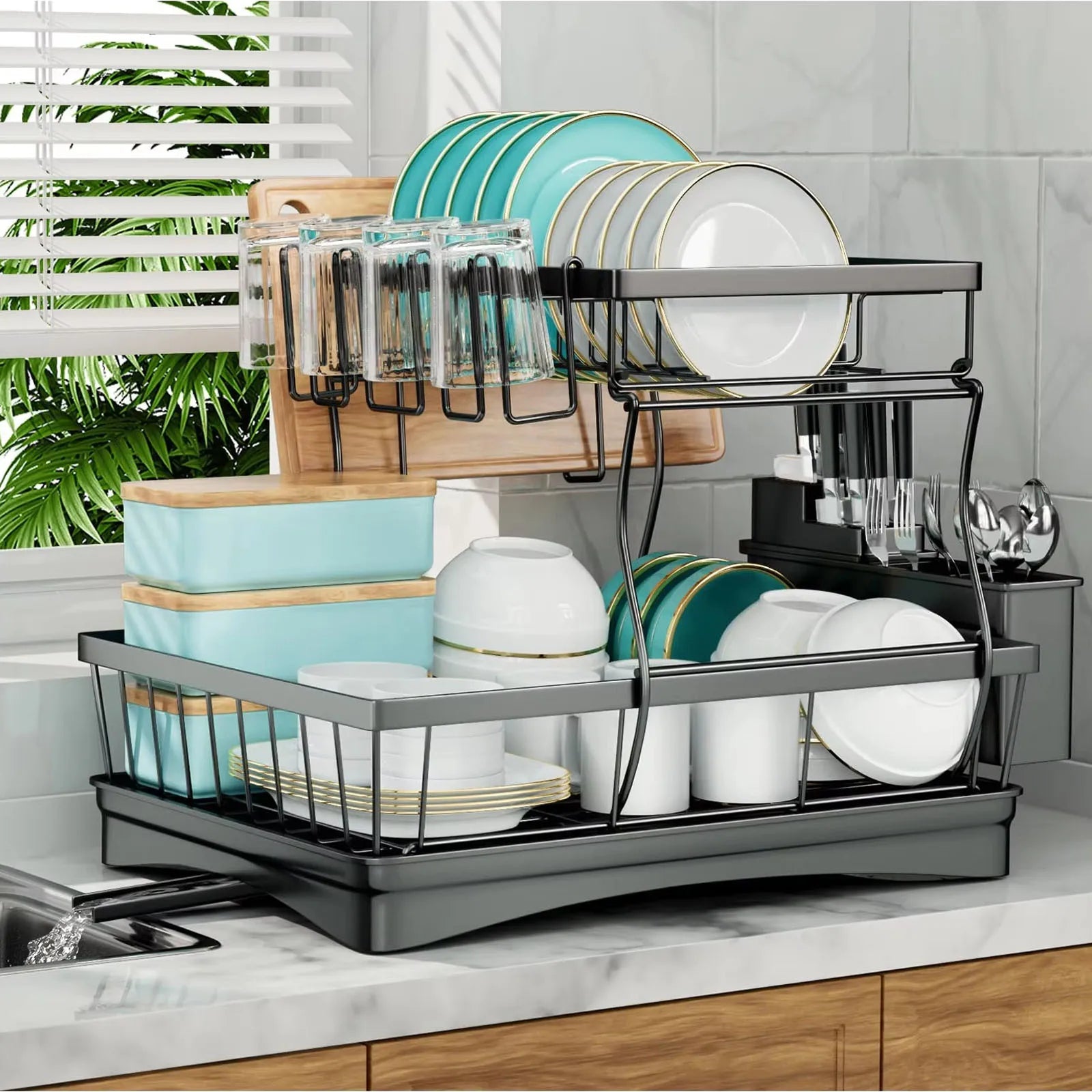 Two Tier Dish Drying Rack Removable Large Capacity for Kitchens
