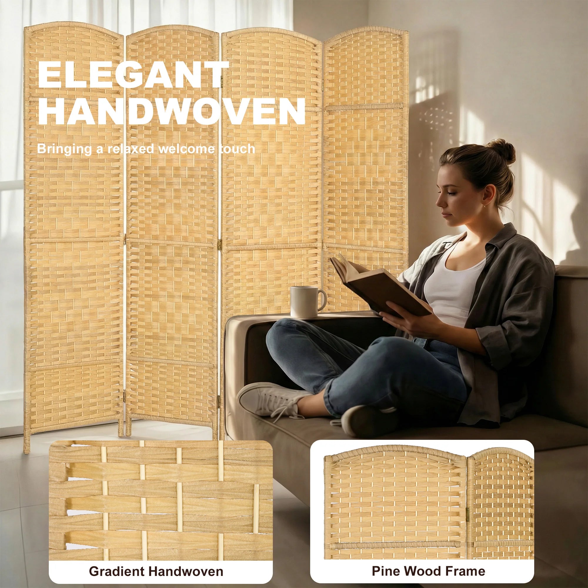 Freestanding Four Panel Folding Room Divider With Pine Wood Frame