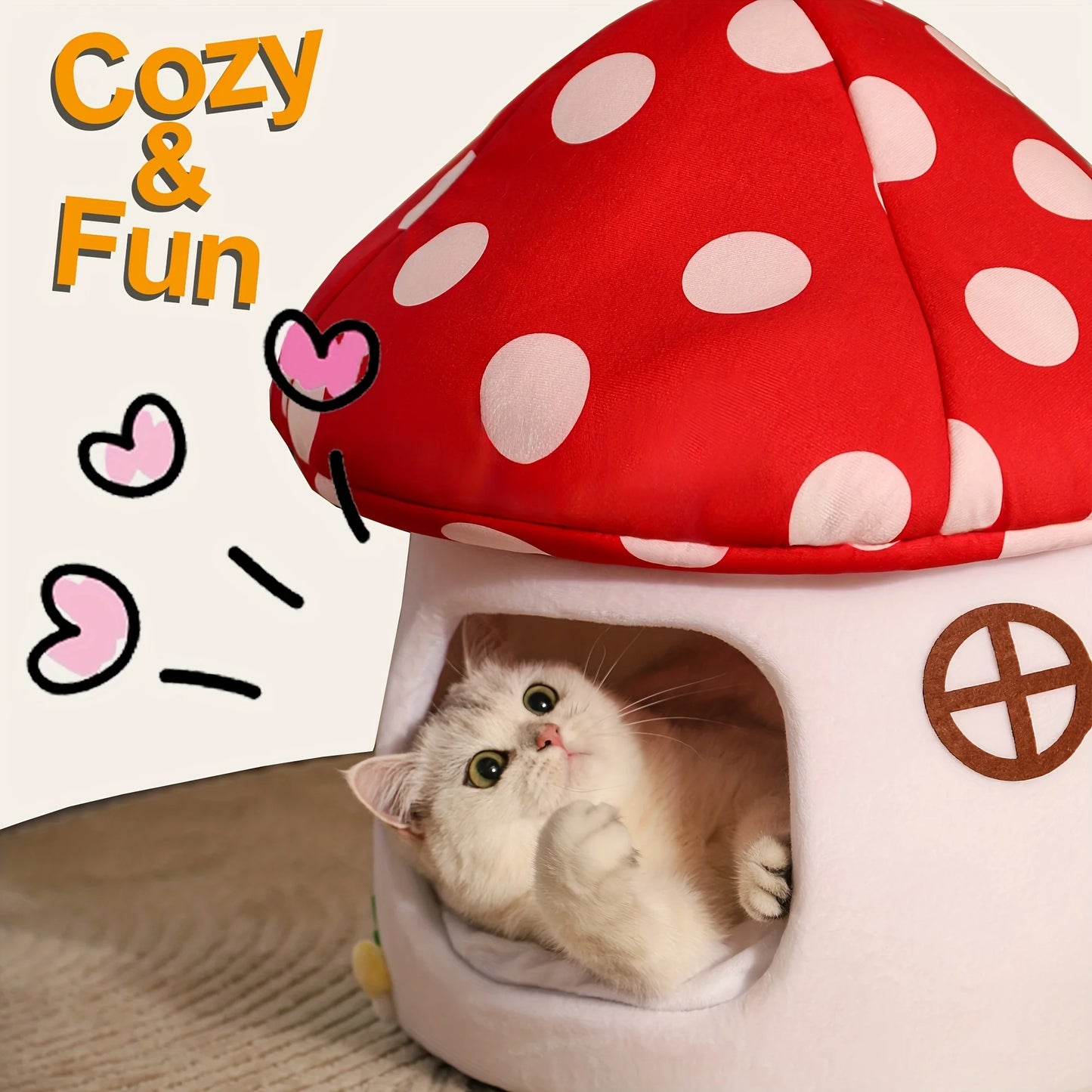 NONECN Mushroom Cat Bed Indoor Cat Cave With Washable Cushion