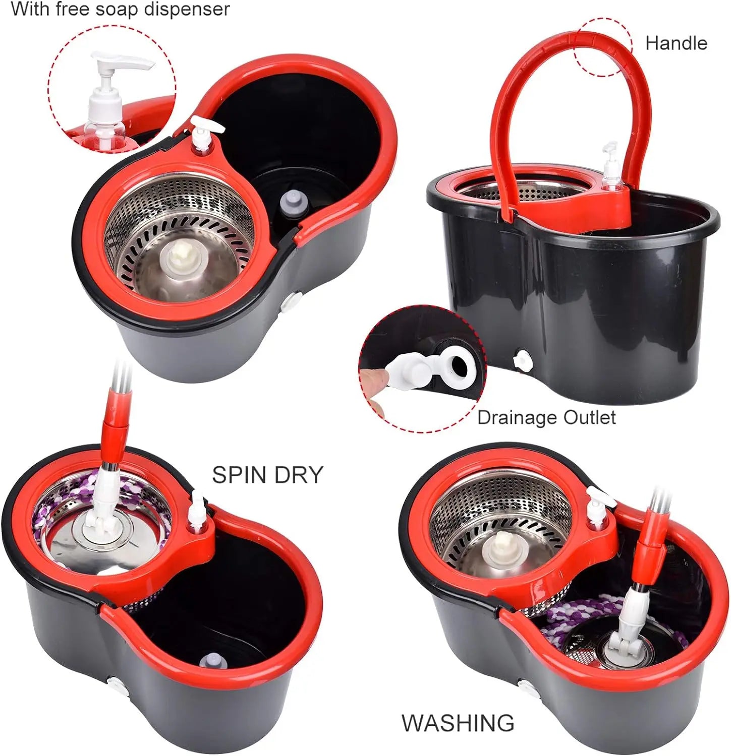 NONECN Spin Mop Bucket Set Wring System Three Microfiber Heads