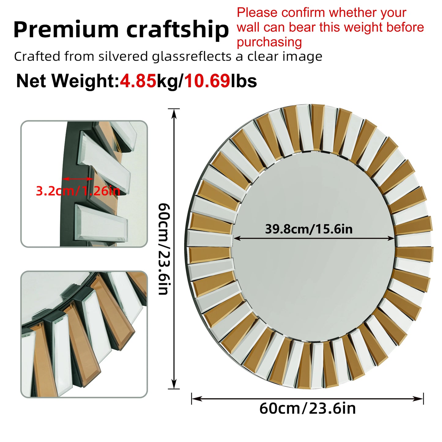Round Starburst Decorative Wall Mirror For Living Room Bedroom Bathroom