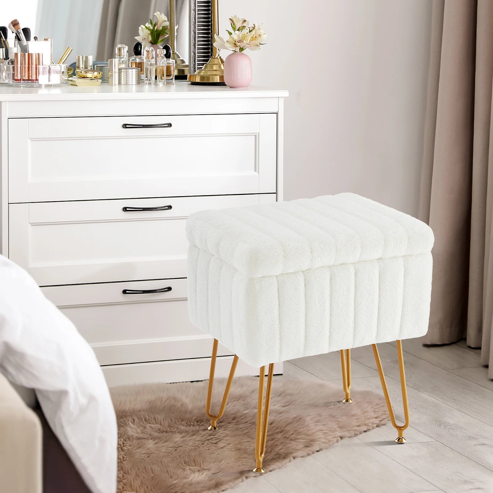 JHK Faux Fur Hidden Storage Ottoman Stools With Metal Legs