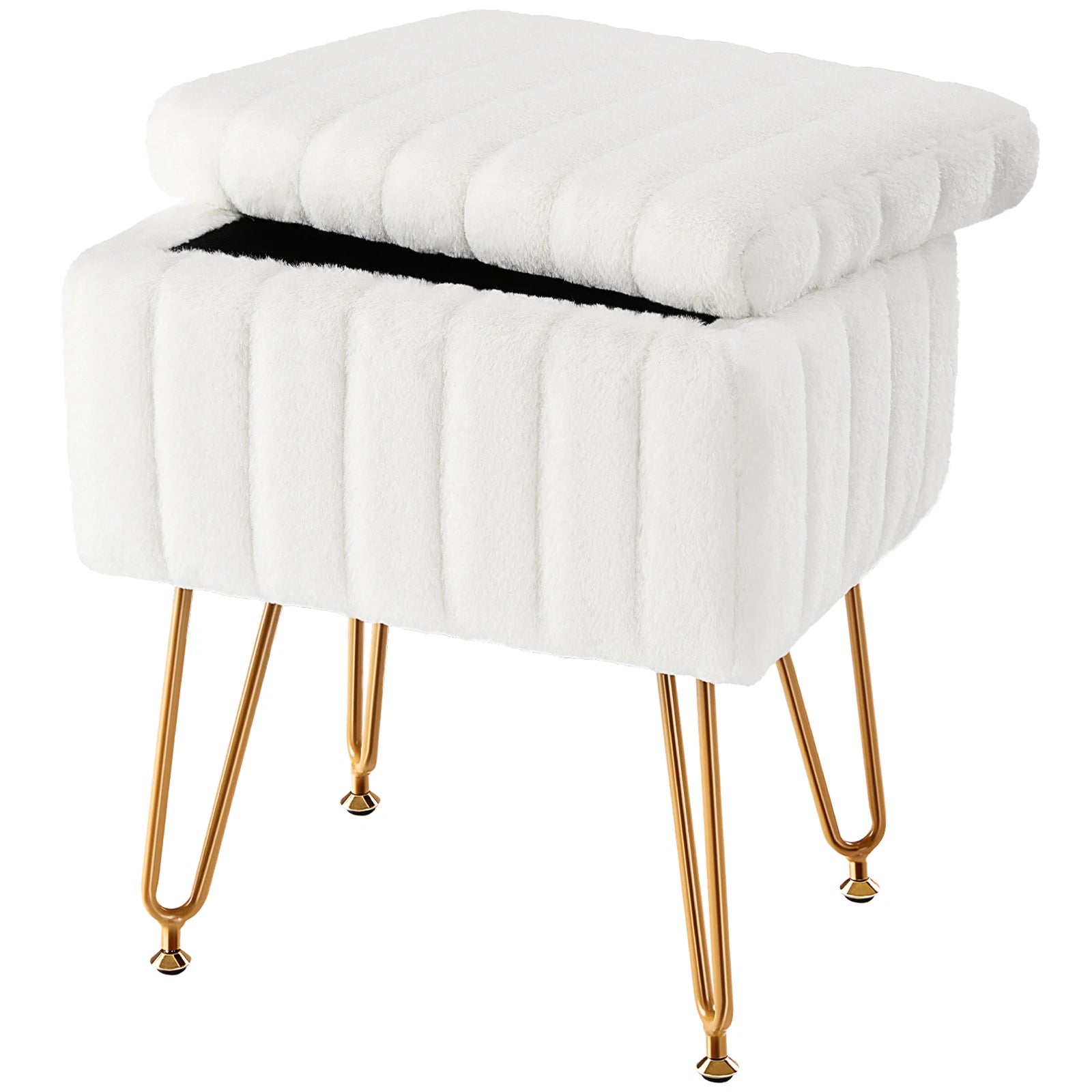 JHK Faux Fur Hidden Storage Ottoman Stools With Metal Legs