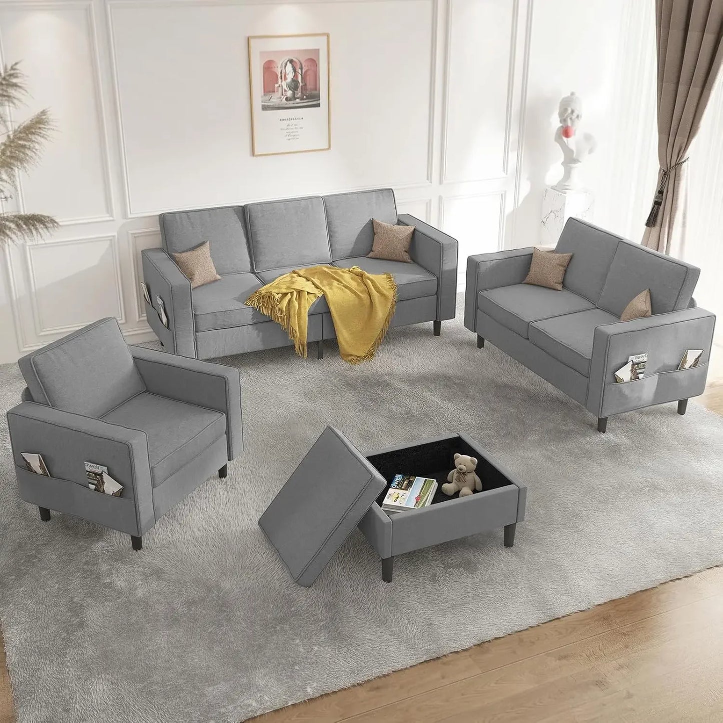 L Shaped Sectional Sofa Set For Living Room With Ottoman