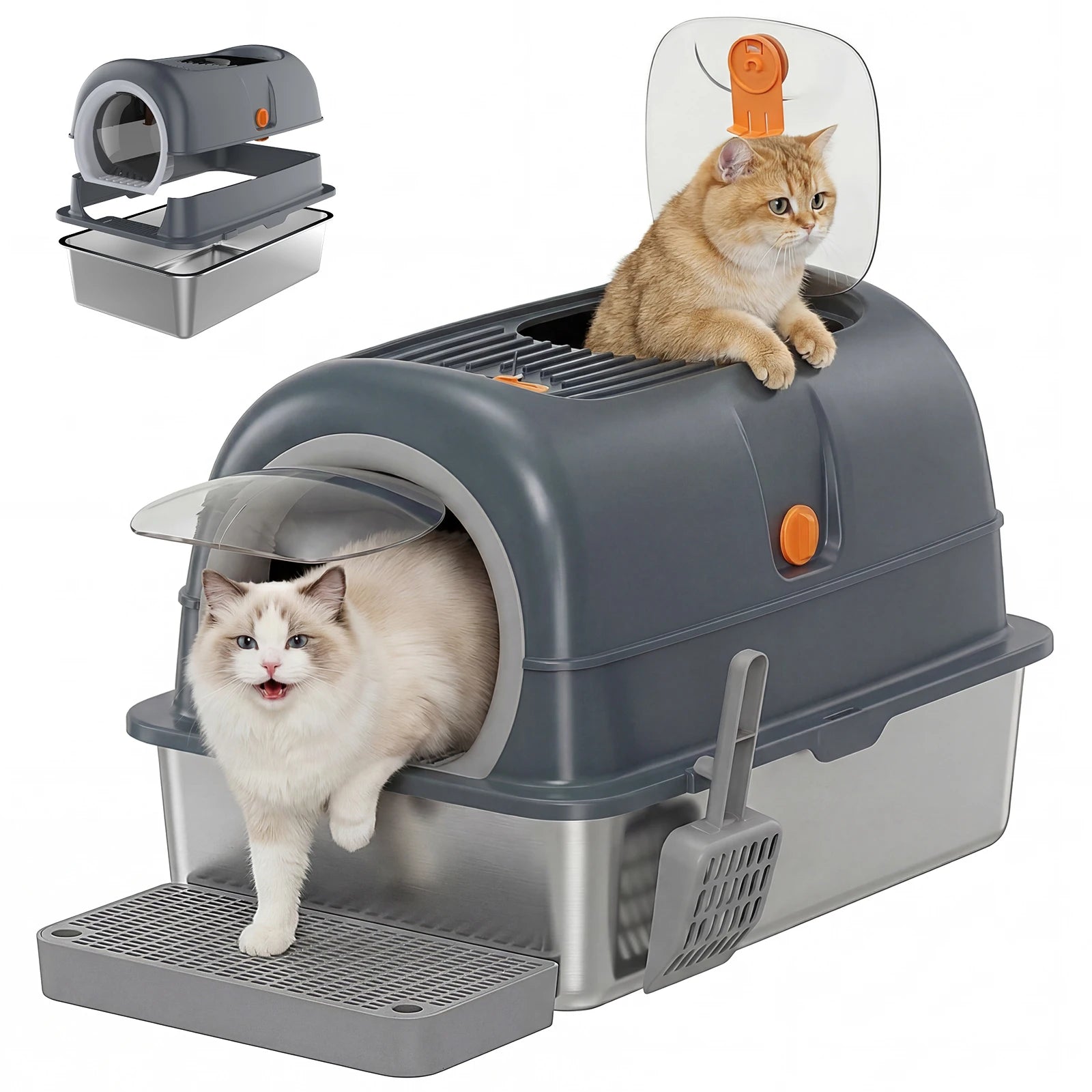 JHK Stainless Steel Cat Litter Box Fully Enclosed For Big Cats
