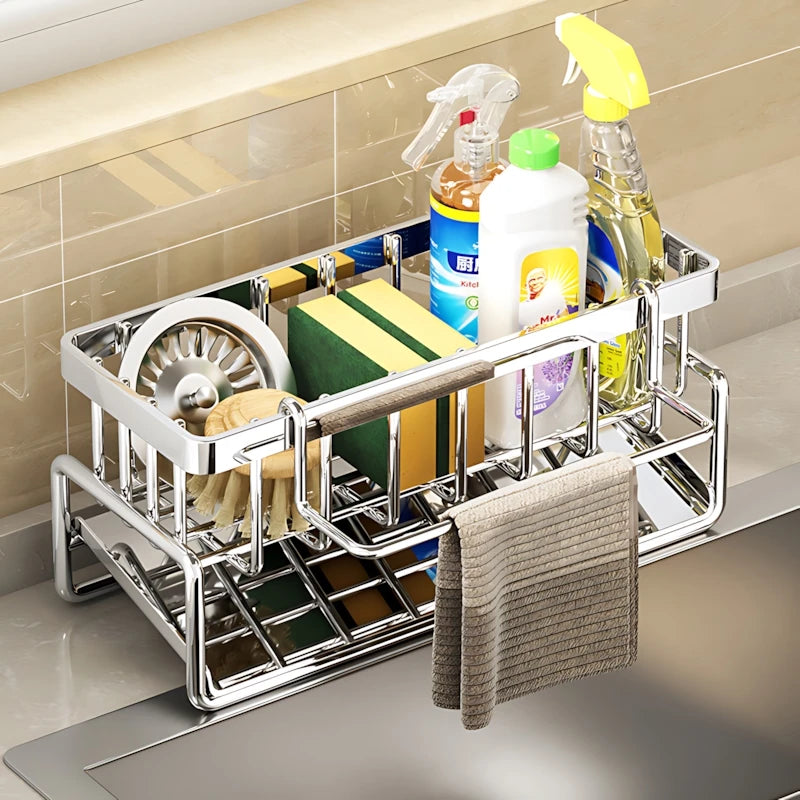 Kitchen Shelf Cleaning Cloth Storage Stainless Steel Dish Rack for Kitchen Counter, Extendable Dish Drainers with Cutlery