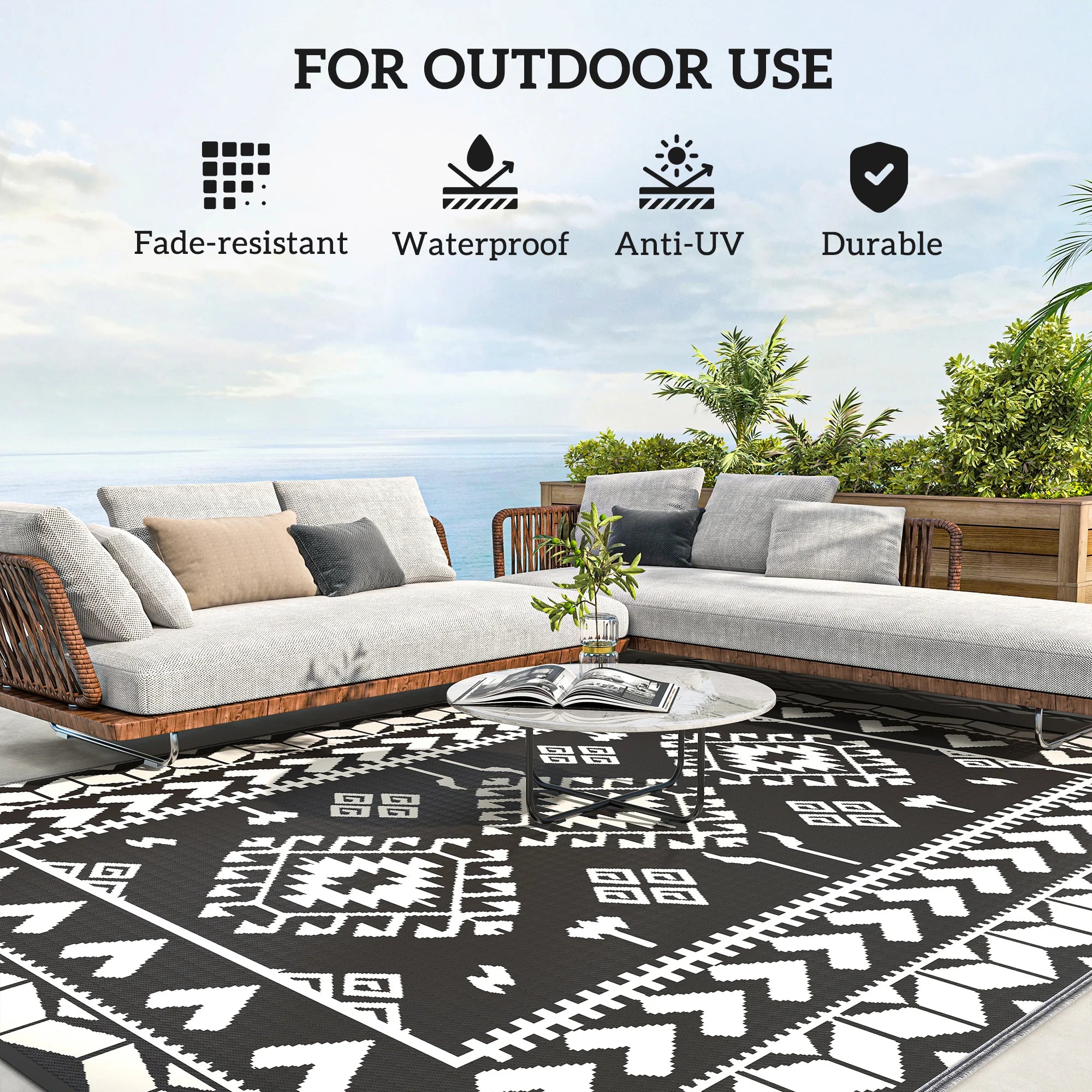 Black And White Rhombus Patchwork Outdoor Rug