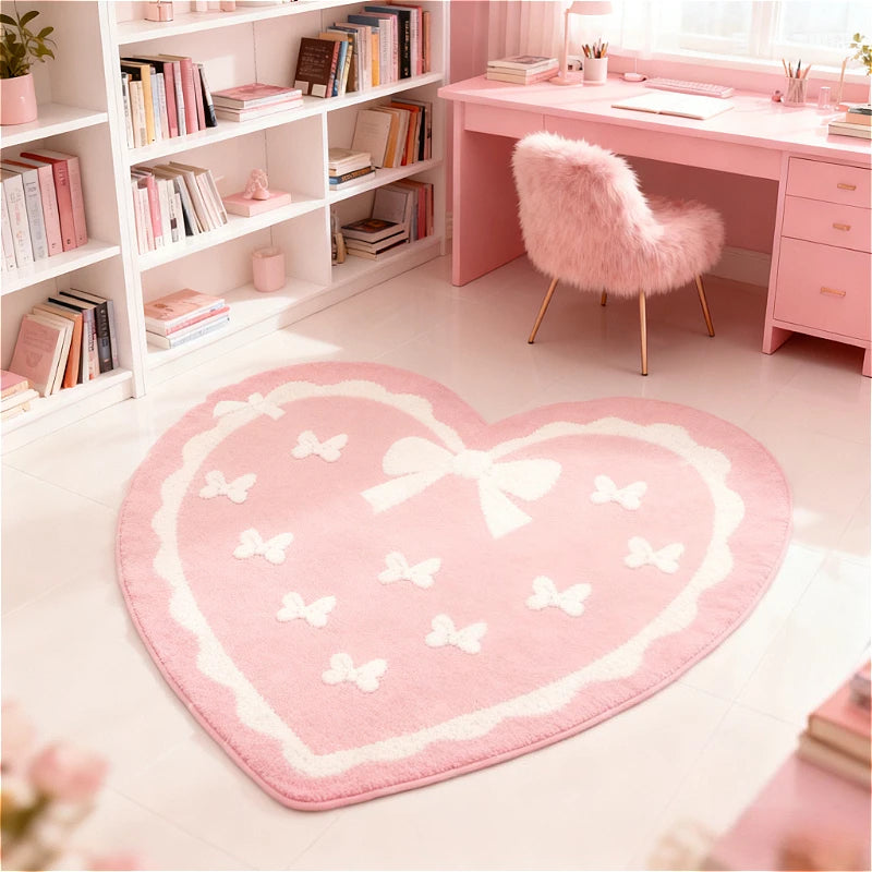 Heart Bow Plush Rug Fluffy Anti Slip Bedside Mat Bedroom
