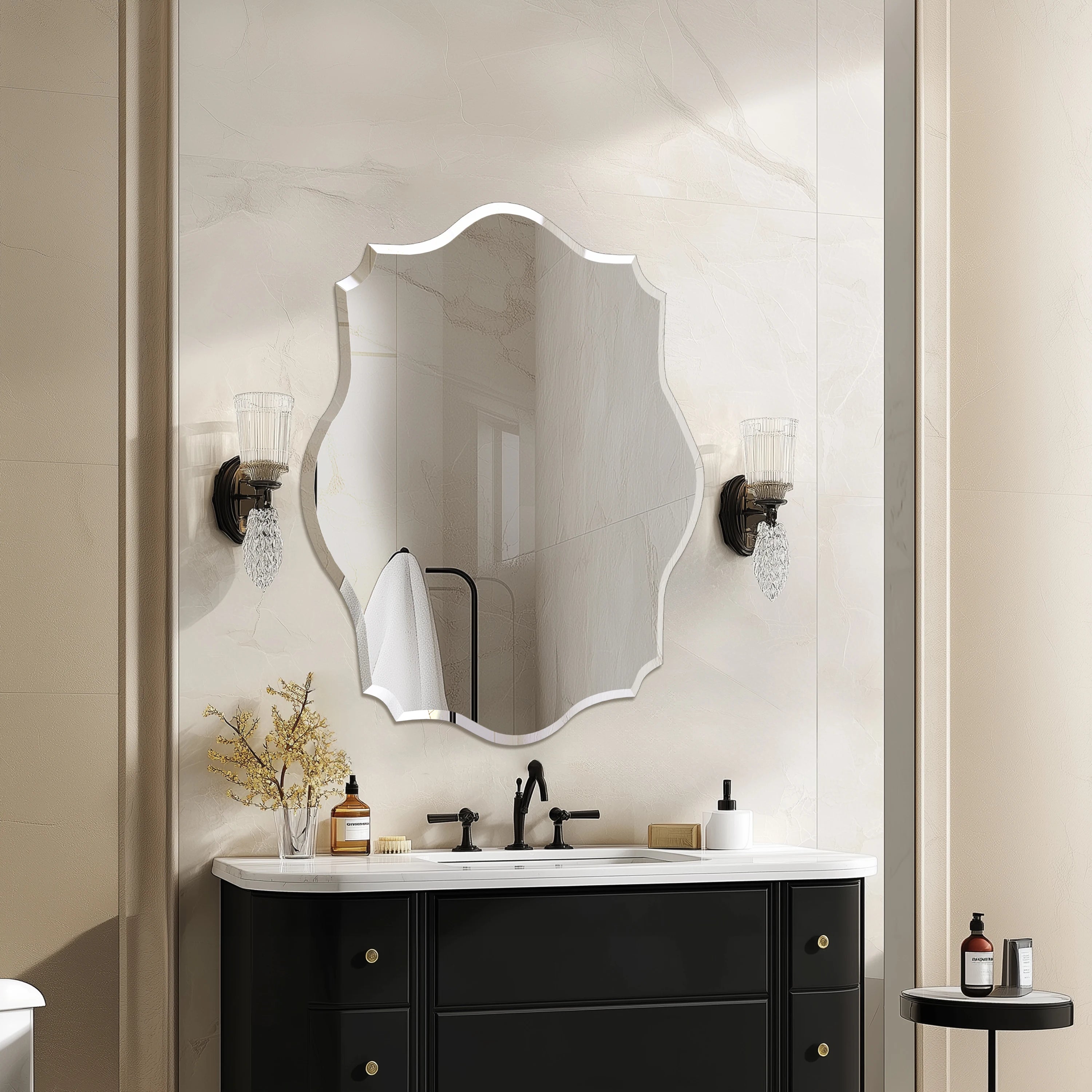 Wisfor Scalloped Frameless Beveled Glass Wall Mirror Modern Bathroom Decor