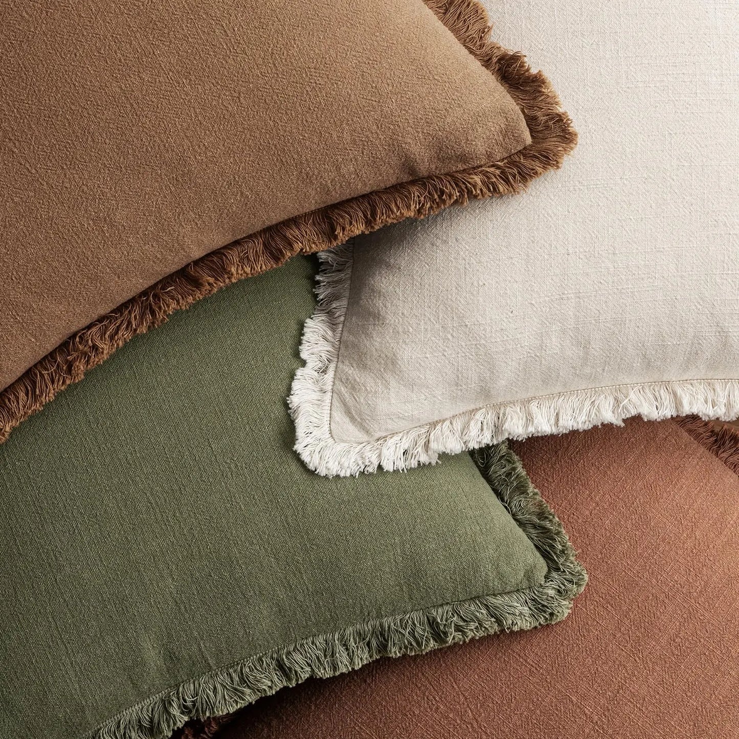 Neutral Linen Fringe Throw Pillows Set For Living Room Decor