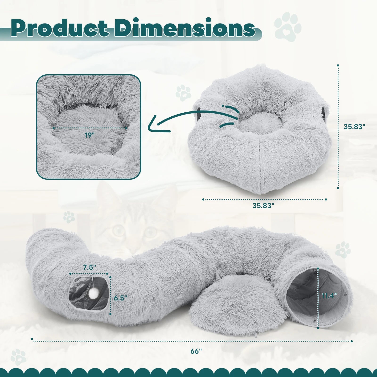 JHK Cat Tunnel Bed Indoor Plush Washable Multifunctional Playground