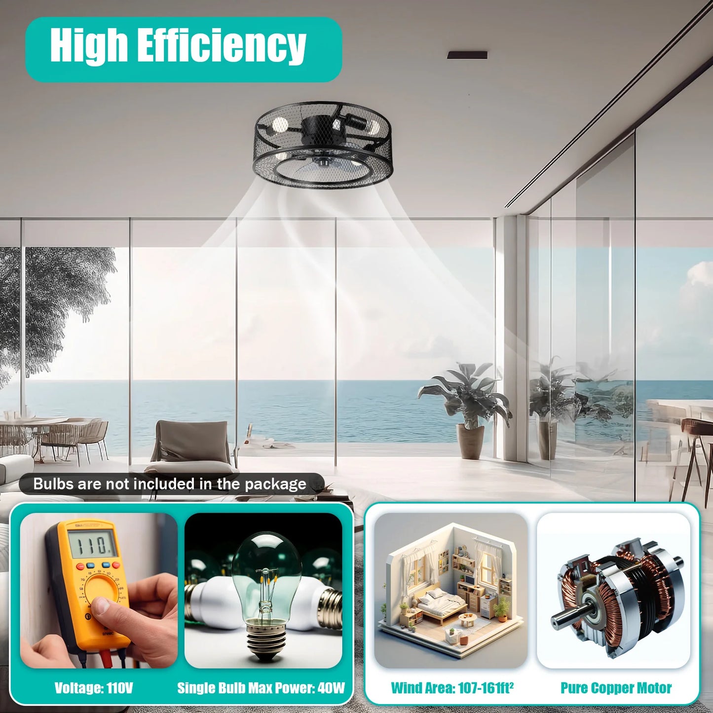 Ceiling Fan Light With E27 Base 40W For Living Rooms