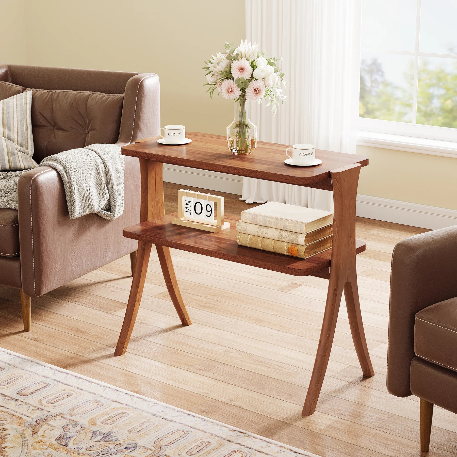Tribesigns Side Table With 2-Tier Storage Solid Wood Legs