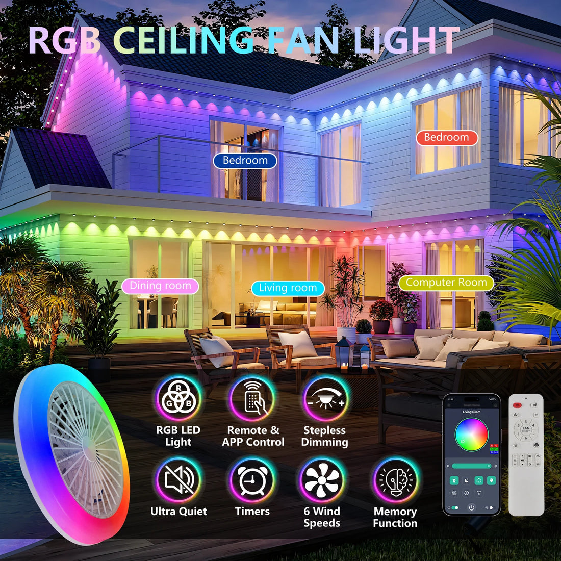 Arlgsite Modern White RGB LED Fan Ceiling Light