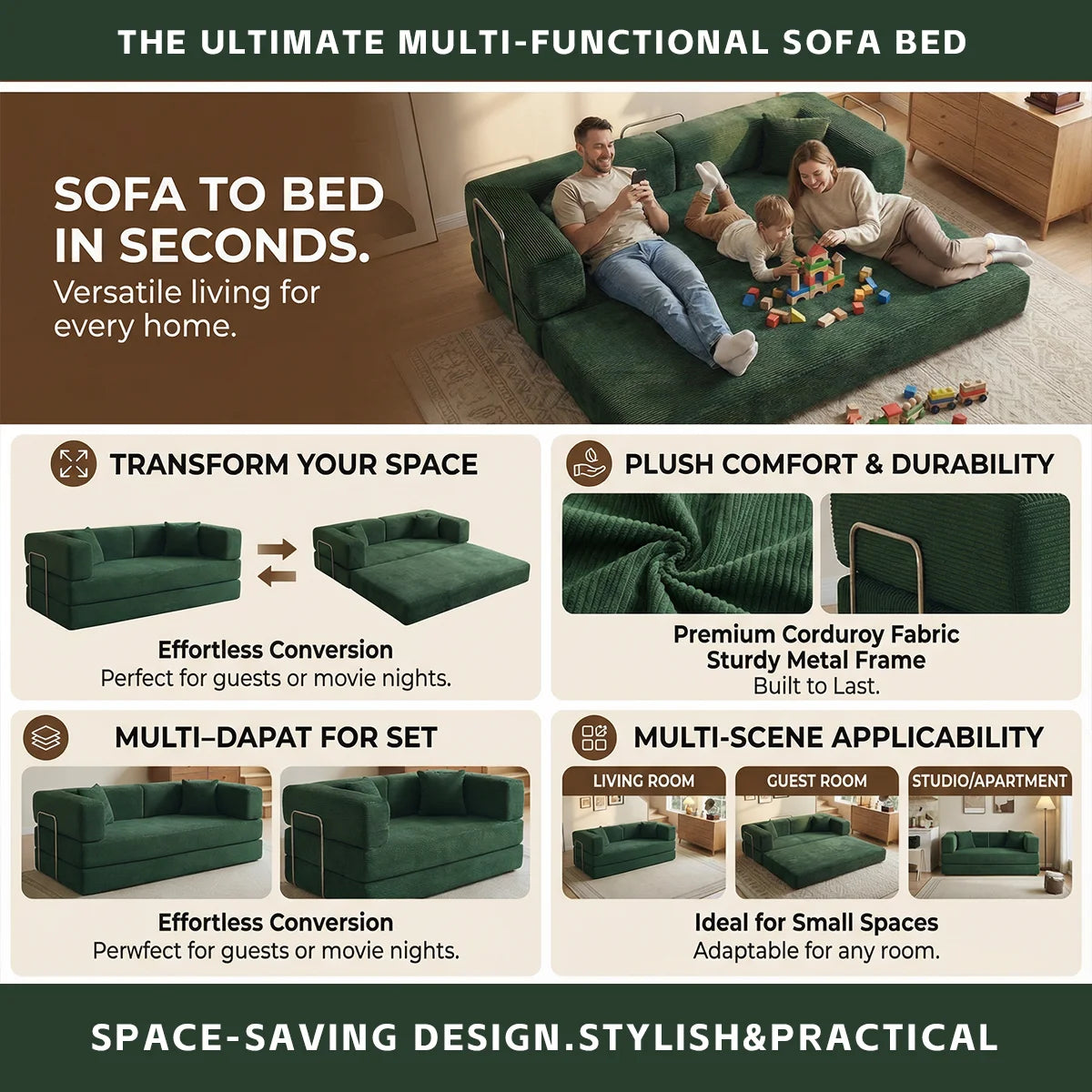 YQzyphyna Futon Sofa Bed 4 In 1 Convertible Corduroy Sleeper Loveseat