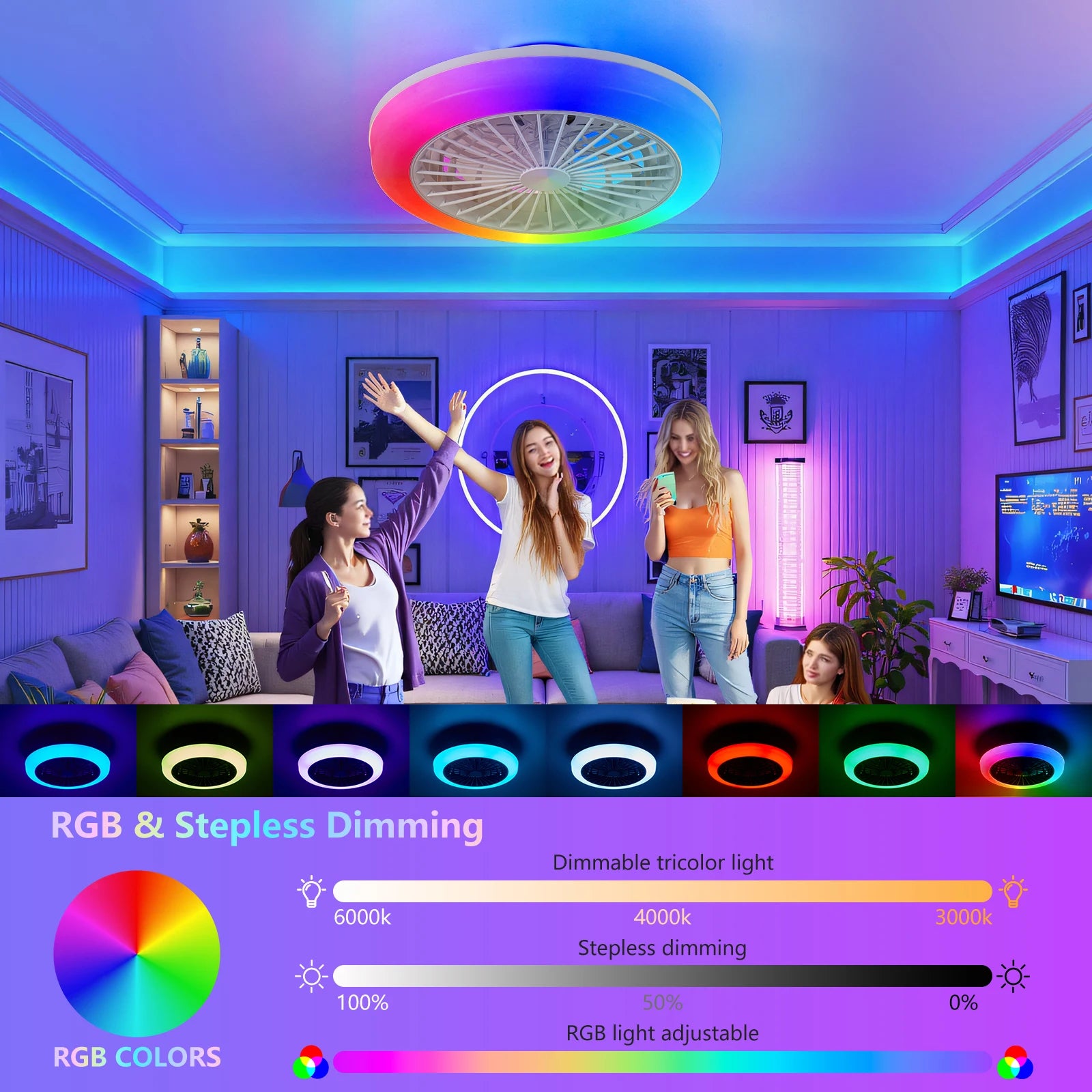 Arlgsite Modern White RGB LED Fan Ceiling Light