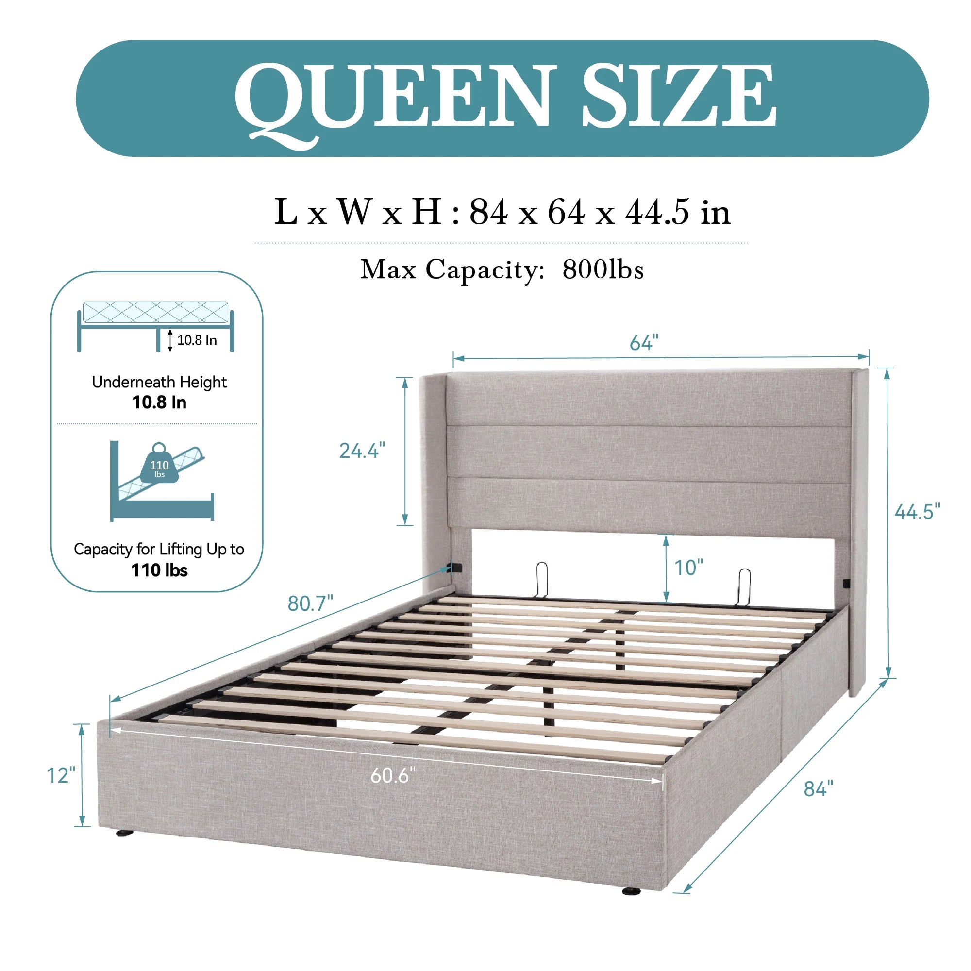 HOOMIC Lift Up Storage Bed With Wingback Headboard And Large Underbed Storage