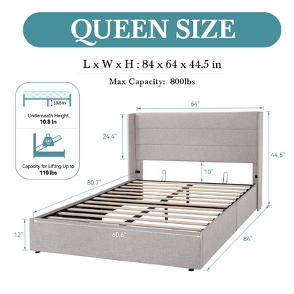 HOOMIC Lift Up Storage Bed With Wingback Headboard And Large Underbed Storage