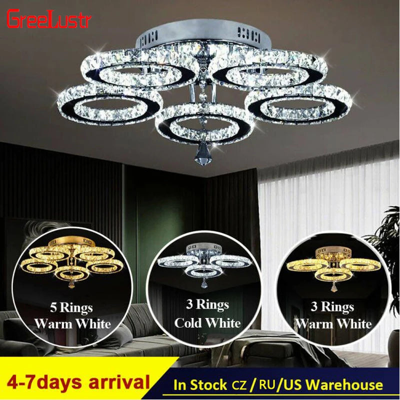 GreeLustr Crystal Led Rings Chandeliers Mirror Stainless Steel Ceiling Fixtures