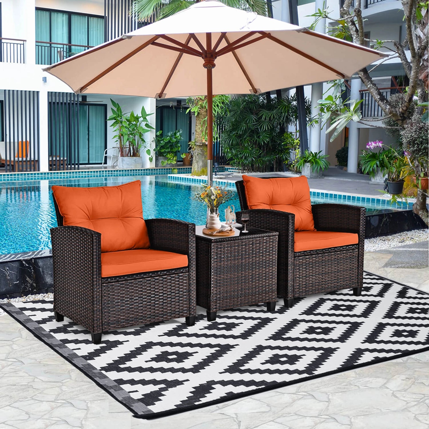 HOMASIS 3-Piece Patio Rattan Furniture Set Cushioned Conversation