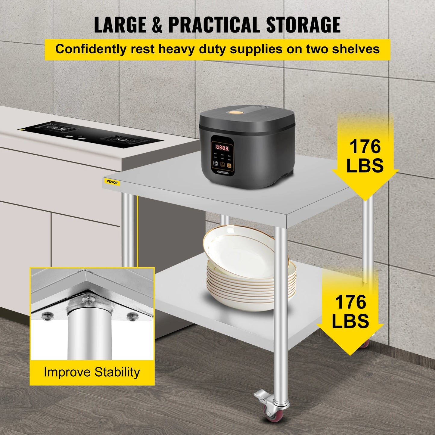SucceBuy Stainless Steel Kitchen Prep Table With 4 Casters And Backsplash